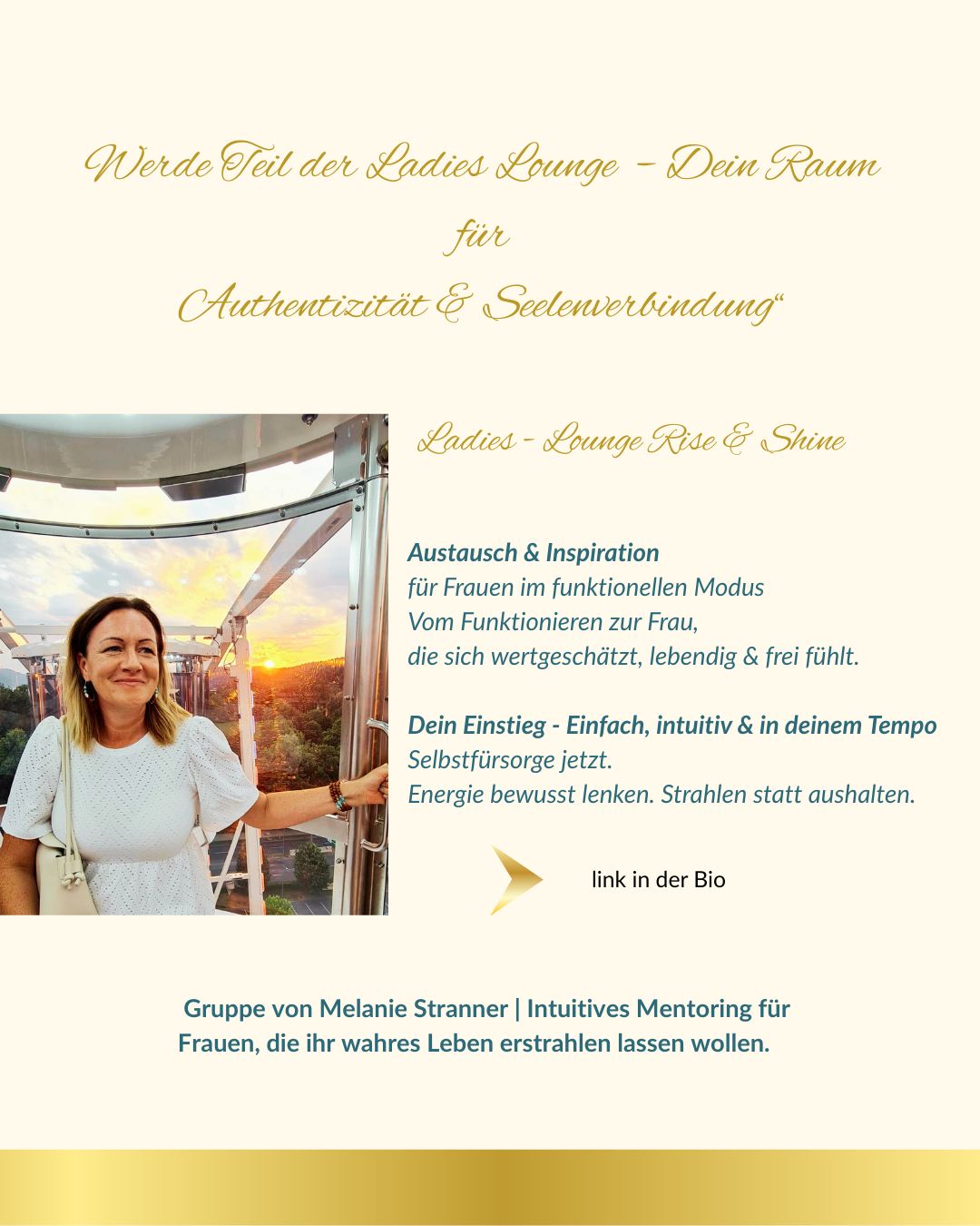 „Werde Teil der Ladies Lounge ✨ – Dein Raum für Authentizität & Seelenverbindung“
Du musst nicht noch eine Rolle spielen.
Du darfst loslassen, was dich eng macht – und den Weg zurück zu dir gehen.
In der Ladies Lounge erschaffen wir einen Raum, in dem du wieder:
✨ deiner Seele lauschen kannst
✨ deine Intuition stärkst
✨ authentisch DU selbst bist
✨ dich wertgeschätzt, lebendig & frei fühlst
Hier geht es nicht um Perfektion, sondern um Verbindung.
Zu dir. Zu deiner Seele. Zu Frauen, die den gleichen Weg gehen. 💫
👉 Sei dabei, wenn wir gemeinsam in Meditationen, Lives und spirituelle Impulse eintauchen – und erlebe, wie sich Authentizität leicht und wahr anfühlen kann.
💜 Den Link findest du in meiner Bio – ich freue mich auf dich in der Ladies Lounge.
Ich freue mich auf dich !
Deine Melanie ♥
📌 Hashtags:
#seelenverbindung #authentischsein #intuition #ladieslounge #spiritualität #lebendigundfrei #seelenreading #innerefreiheit #riseandshine #weiblichkeitleben #erfolgsmindset #medium #meditation #sichtbar #freiheit