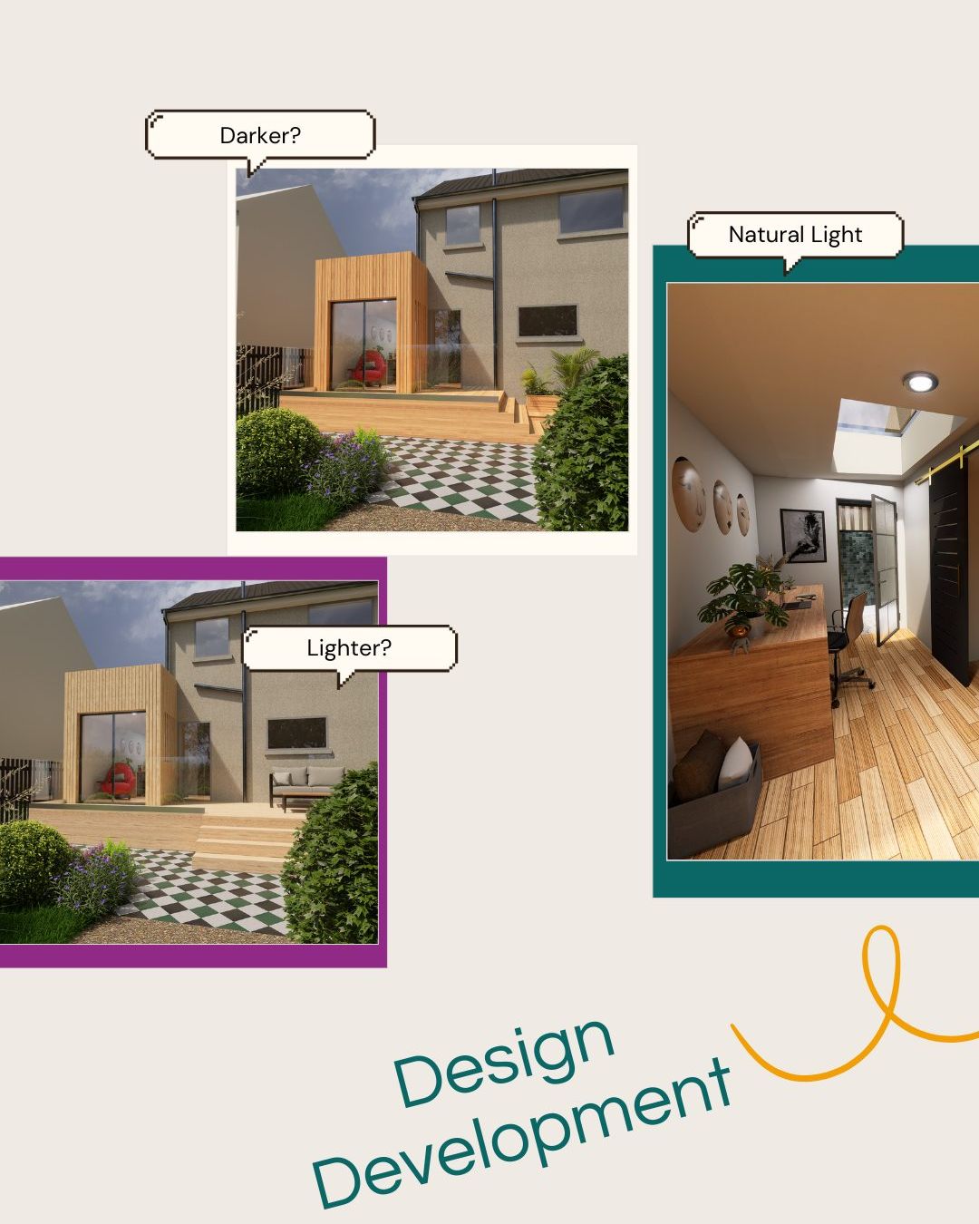 Shaping More with Less
Sometimes the smallest projects bring the biggest questions.
In Aberdeen, we’re exploring how just 11sqm can reshape the whole home. Darker or lighter? Privacy or connection? Luxury or intimacy? Each option teases out a different story of how the space could feel.
This is where design becomes fun — sketching, testing, refining. The nitty gritty matters: the way light falls, the line of timber, the rhythm of a screen. It’s in the detailing that something small becomes something special.
Which option would you choose for your home? ✨
#SpiritAndStructure #AberdeenArchitecture #DesignInTheDetail #SmallButMighty #HomesWithCharacter