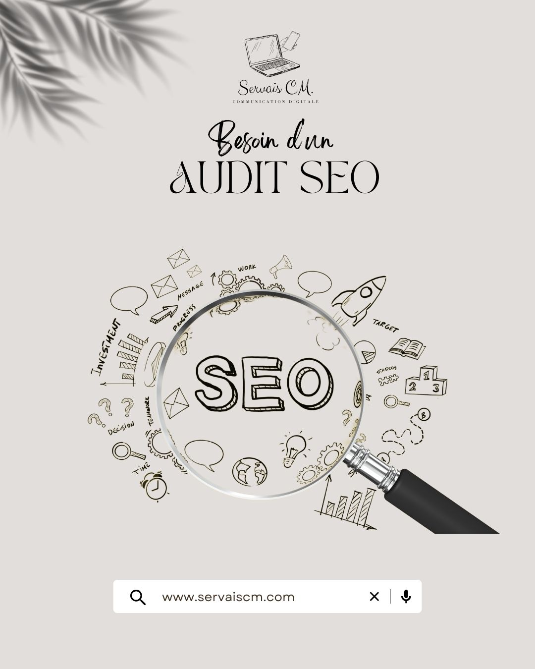 🔍💡 Optimisez Votre Présence en Ligne avec Notre Audit SEO Gratuit ! 🚀🌐
Chez Servais CM, nous comprenons l'importance d'une visibilité en ligne maximale. Obtenez un rapport détaillé sur la performance SEO de votre site, identifiez les opportunités d'amélioration et positionnez-vous en tête des résultats de recherche.
🔍 Ce que Comprend Notre Audit SEO Gratuit :
📊 Analyse Complète : Examen approfondi de la structure technique de votre site.
🎯 Mots Clés Pertinents : Identification des opportunités pour cibler votre audience.
📈 Recommandations Personnalisées : Des stratégies pour renforcer votre présence en ligne.
💬 Contactez-nous pour obtenir votre audit SEO gratuit et propulsez votre site vers de nouveaux sommets ! 💬🚀
#AuditSEO #OptimisationEnLigne #PositionnementSurGoogle #ServaisCM 🔍💻