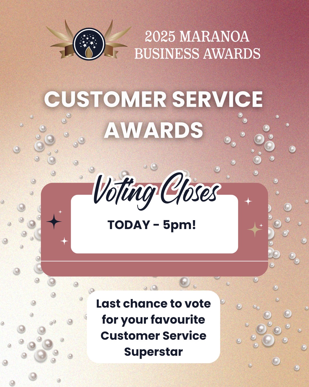 Today is your last chance to vote for your favourite Customer Service Superstar!
Voting closes 5pm today.
Vote at: https://www.surveymonkey.com/r/TDPG29S