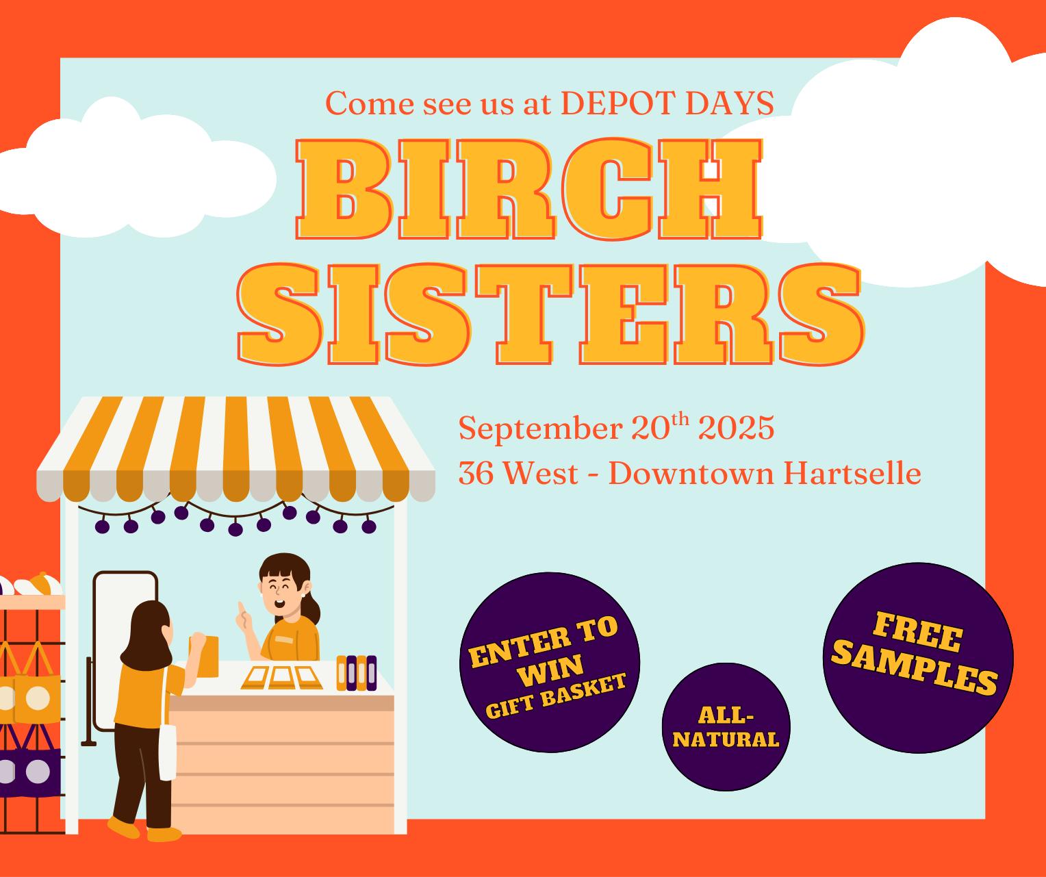 🎉 Just ONE day until our Depot Days Sale! 🎉
Birch Sisters will be set up INSIDE (with A/C!) at 36 West in downtown—so you can shop comfortably while enjoying the festivities. 🌿✨
💚 Stop by our booth to:
✨ Test out our all-natural skincare products
✨ Grab one of our limited free samples
✨ Enter to win a $130 gift basket filled with our favorites!
We’d love to see you there—come say hi and celebrate Depot Days with us! 🧺💫
#depotdays #depotdays #depotdays2025 #hartsellealabama #decaturalabama #decaturalabama
