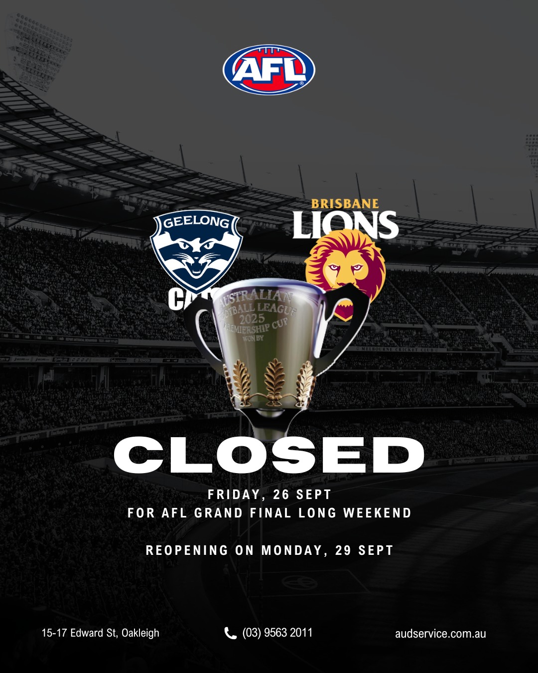 We will be closed this coming Friday for the #AFL Grand Final long weekend and back on deck on Monday. Who do you think will be taking out the 2025 Premiership?
🌏 autounion.com.au
☎️ (03) 9563 2011
✉️ service@audservice.com.au
📍 Oakleigh, VIC