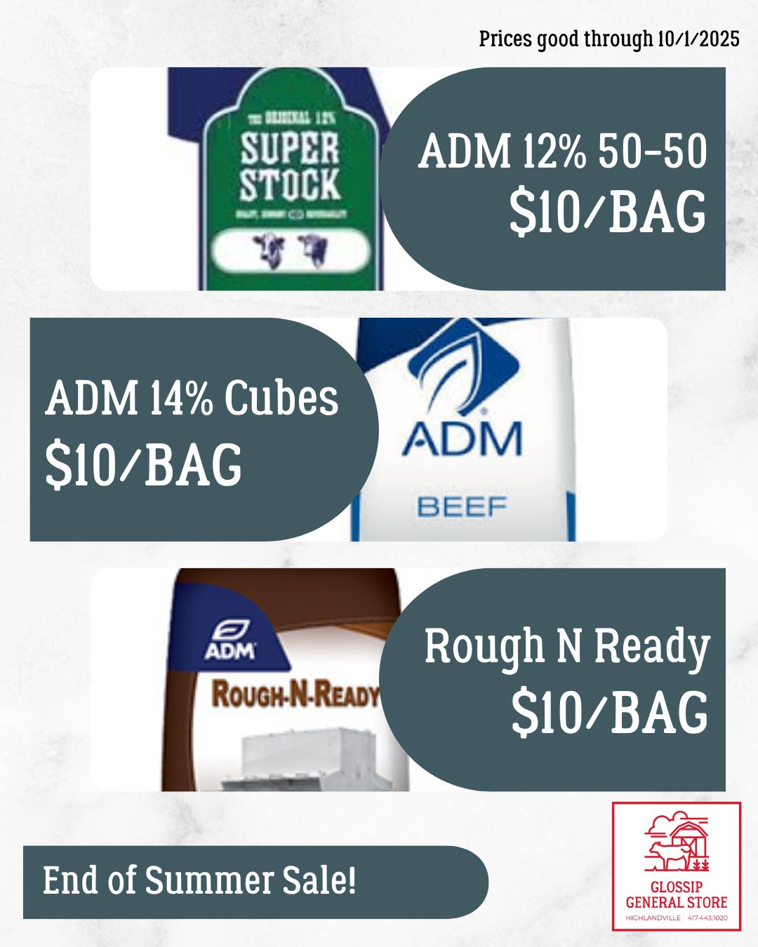 🚨 End of Summer Feed Sale! 🚨
Stock up now while prices last... only $10/BAG through October 1st:
🌾 ADM 12% 50-50
🌾 ADM 14% Cubes
🌾 Rough N Ready
Perfect time to get your herd ready for fall. Stop by Glossip General Store in Highlandville and grab yours today! 🐄🐑🐐