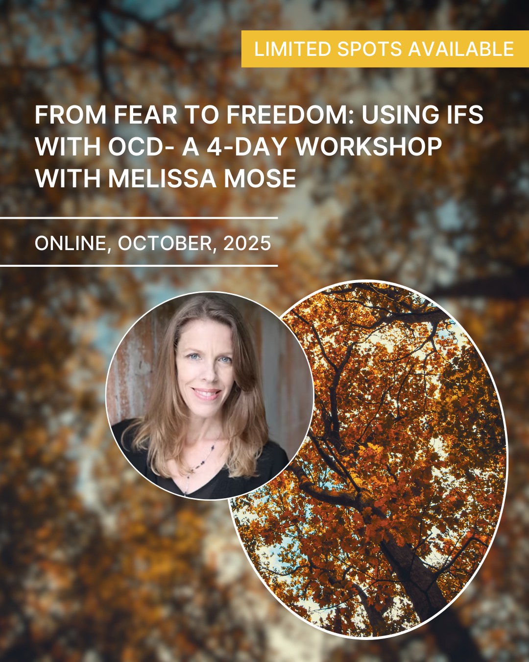 🌟 FROM FEAR TO FREEDOM: USING IFS WITH OCD- A 4-DAY WORKSHOP WITH MELISSA MOSE🌟
Join us for a 4-day online workshop with the incredible Melissa Mose, LMFT 🧠💻✨
📅 Dates: 18th–19th & 25th–26th October 2025
📍 Online – connect from anywhere 🌍
Melissa Mose, a Level 3 trained and certified IFS clinician and President of OCD SoCal, will guide you through an IFS-informed approach to the assessment and treatment of obsessive and compulsive (OC) systems. 💡💙
Don’t miss this opportunity to explore a compassionate and non-pathologising IFS framework designed to support healing and freedom. 🌱🕊️
⚡ LIMITED SPOTS AVAILABLE – book now! ⚡
#IFS #InternalFamilySystems #IFSWorkshop #OCDRecovery #MentalHealthWorkshop #HealingJourney #IFSCommunity #TherapistTraining #IFSModel #TraumaHealing #ObsessiveCompulsiveDisorder #IFSHealing #TherapistSupport #MentalHealthAwareness #HealingTools #OCDSupport #MindBodyHealing #IFSApproach #TherapyTraining #MelissaMose