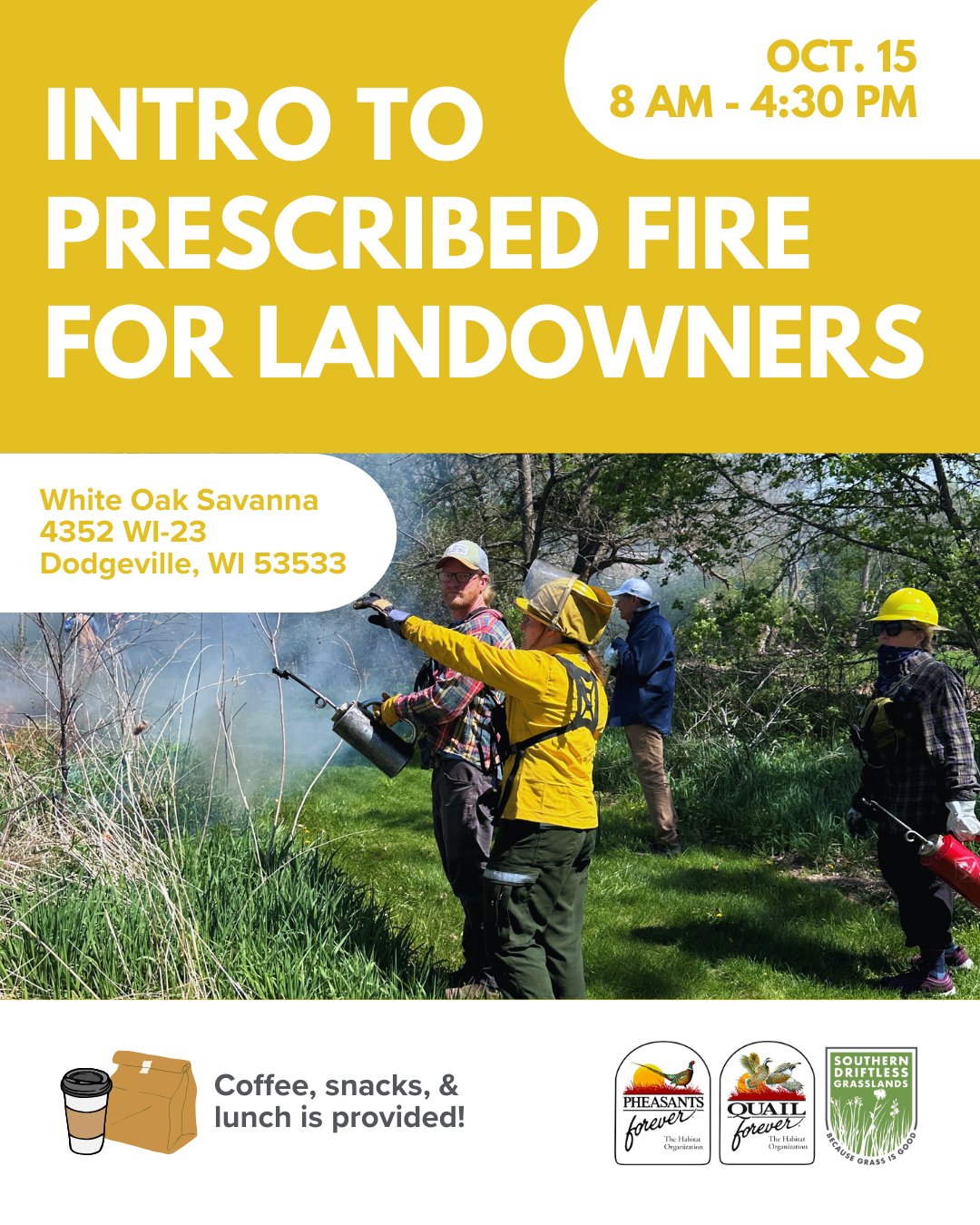 Interested in building your prescribed fire skills? Registration is open for our upcoming introductory prescribed fire workshop on October 15th! 🔥
Participants will learn from @pheasantsforeverwi experts about fire behavior, burn unit prep, fire safety, and more! With a mix of classroom and in-the-field learning, this is the perfect opportunity for connecting with other landowners and prescribed fire experts.
☕ Coffee, snacks, and lunch will be provided.
🎟 Tickets are $25 and can be purchased on our website at driftlessgrasslands.org/events (link in bio). Spaces are limited - reserve your spot today!
#prescribedfire #wisconsin #conservation #pheasantsforever #grasslands #driftlesswisconsin