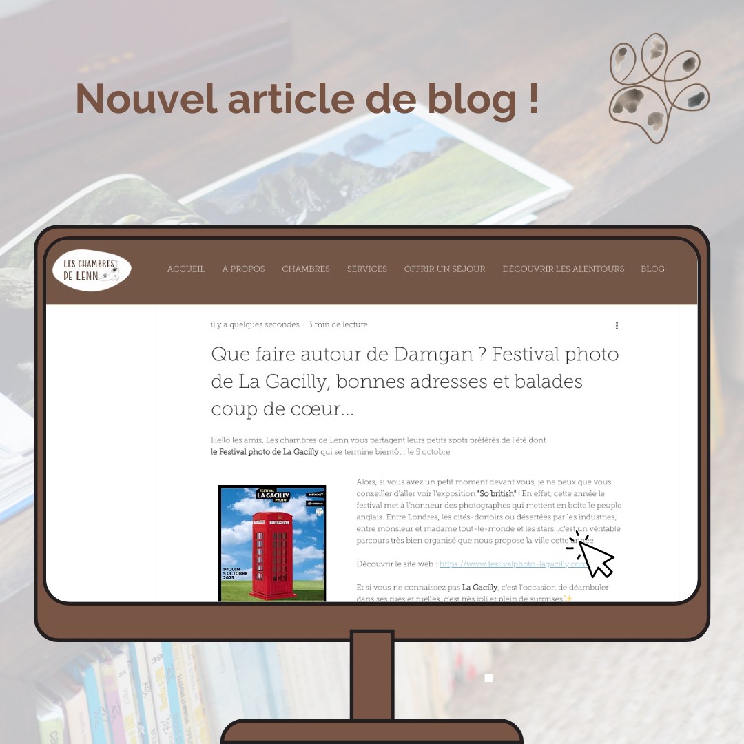 Découvrez notre dernier article de blog !
Aujourd'hui on parle du fameux @festivalphotodelagacilly 📸 qui se clôture bientôt, dépêchez-vous car ça vaut le détour !
On y parle aussi de spots à découvrir et de balades coups de coeur de la maison...
Lien de l'article 👉🏼 (lien en bio)
Découvrez un nouvel article chaque mois sur notre site web 😺
➡️ Pour réserver un séjour 📩 : leschambresdelenn@gmail.com ou par téléphone 📞 : 06 84 83 28 26
#bretagne #damgan #morbihan #chambresdhotes #été #summer #backtoschool