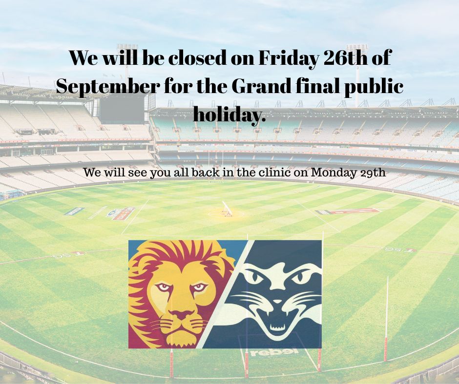 Just a reminder that we are closed on Friday, 26th September, for the grand final public holiday.
You will see you back on Monday 29th for all your normal classes and appointment times.