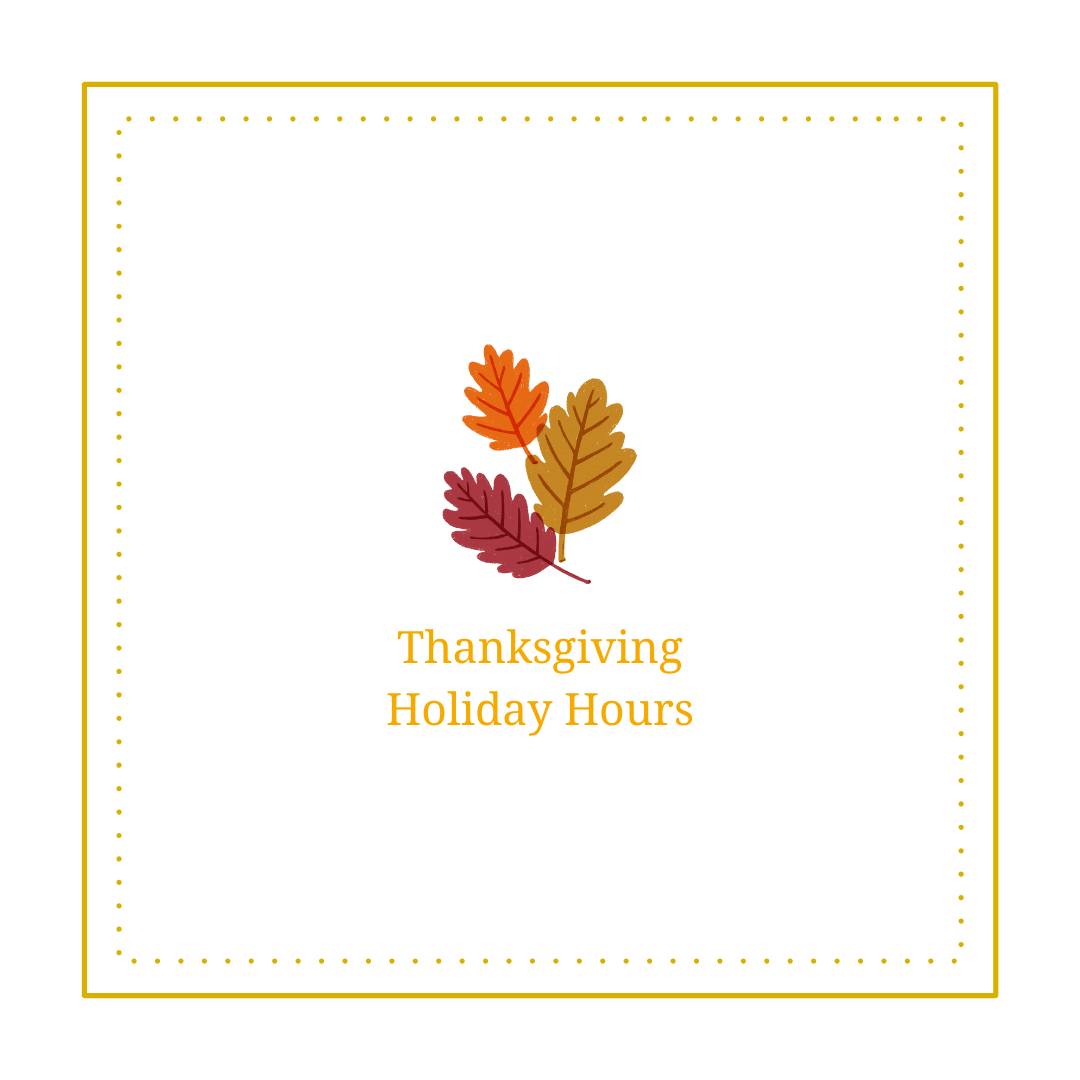 Please take note of our adjusted hours for this Thanksgiving weekend:
Saturday, Oct 11: 9:30 - 2pm
Sunday, Oct 12: Closed
Monday, Oct 13: Closed
Please note that some of our therapists may have limited availability due to scheduled time off.