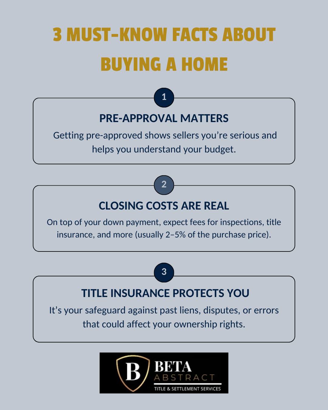 Buying a home? Get pre-approved to know your budget, plan for closing costs, and protect your investment with title insurance. 🏡
Beta Abstract makes your home-buying journey smooth & secure!
#HomeBuyingTips #TitleInsurance #ClosingCosts #DreamHome #BetaAbstract