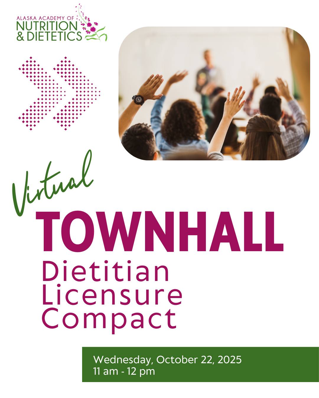 Today!
Academy Representatives will be joining AKAND to answer your questions regarding this important legislation!
Welcome to the AKAND Townhall event where representatives from the Academy of Nutrition and Dietetics will join AKAND to discuss the Dietitian Licensure Compact!
Join us on Wednesday, October 22, 2025 at 11 AM to learn more about this important topic. This event is free to members and non-members!
Find out more and register today at the link in bio.