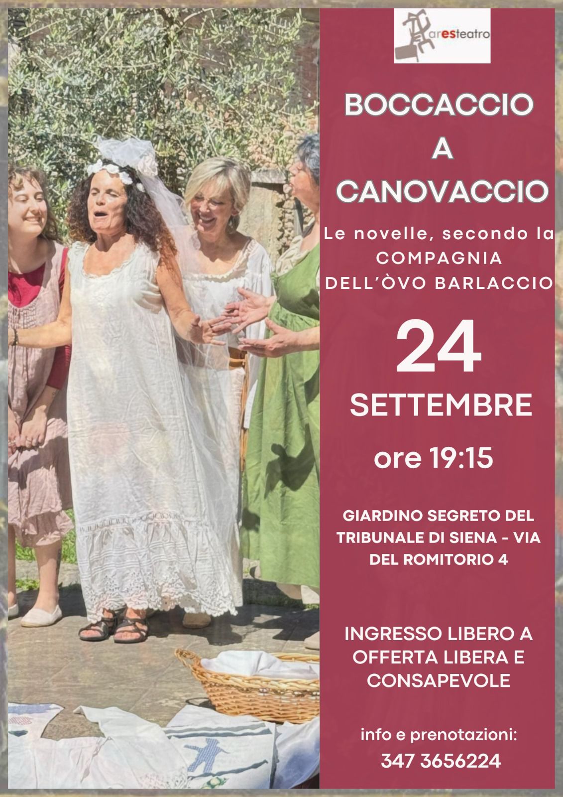 Mercoledì c'è un' altra serata di novelle boccaccesche a Siena.
Stavolta siamo al giardino segreto del Tribunale, vicino la Lizza.
Ci siamo anche io con il Claudio Bartalozzi e Alice a strimpellare quadriglie e Rita Pavone