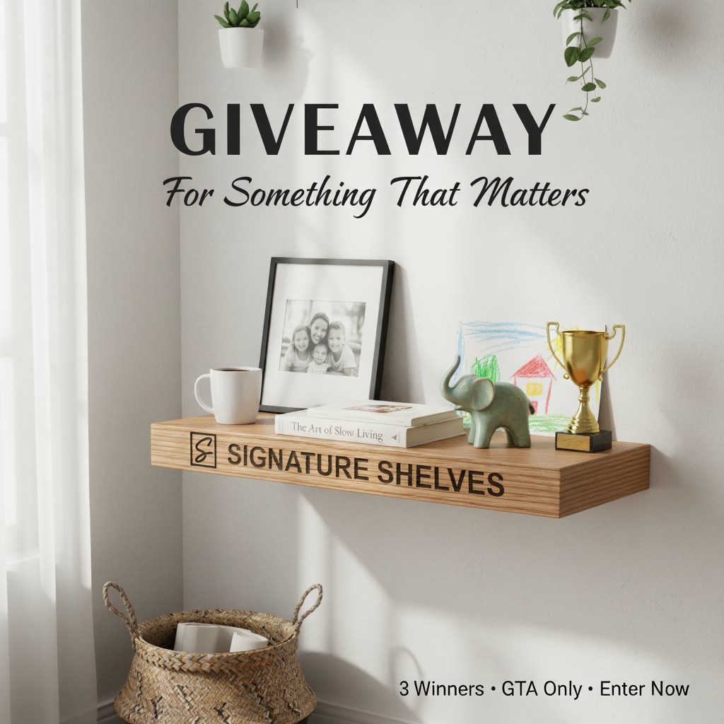 For Something That Matters — Giveaway
Every home holds treasures that carry deep meaning.
A photo that brings a smile every time you see it.
A child’s drawing, full of imagination.
A coffee mug that starts your mornings.
A book that changed the way you see the world.
A souvenir that brings back the sound of laughter.
Or even the business you built — and the pride that comes with it.
These things deserve more than just a spot — they deserve a place made for them.
That’s why we’re giving away three custom Signature Shelves to hold what matters most to you.
How to join:
1️⃣ Follow @signature.shelves
2️⃣ In the comments, tell us about the thing that matters to you — the object, memory, or ritual you’d want to give its own place
3️⃣ Share this post in your Stories and tag us
📆 Giveaway runs from September 22nd to September 28nd, 11:59 PM EST
🏆 Three winners will be chosen based on the most heartfelt stories
🚚 Open to residents of the Greater Toronto Area, ages 18+
💵 Each prize (shelf + delivery + installation + engraving) has an approximate value of $400 CAD
⏳ If a winner does not respond within 5 days, another participant will be selected
📌 This giveaway is not sponsored, endorsed, or administered by, or associated with Instagram
📑 The full contest rules can be found on our website
Each shelf will be made to order:
🪵 Size: 24×12 inches (depth adjusted to fit your needs)
🎨 Finish: you choose the colour that feels right for your space
✨ Engraving: your words, carved in oak
Because the things that matter — deserve a place of their own.
🤍 For Something That Matters