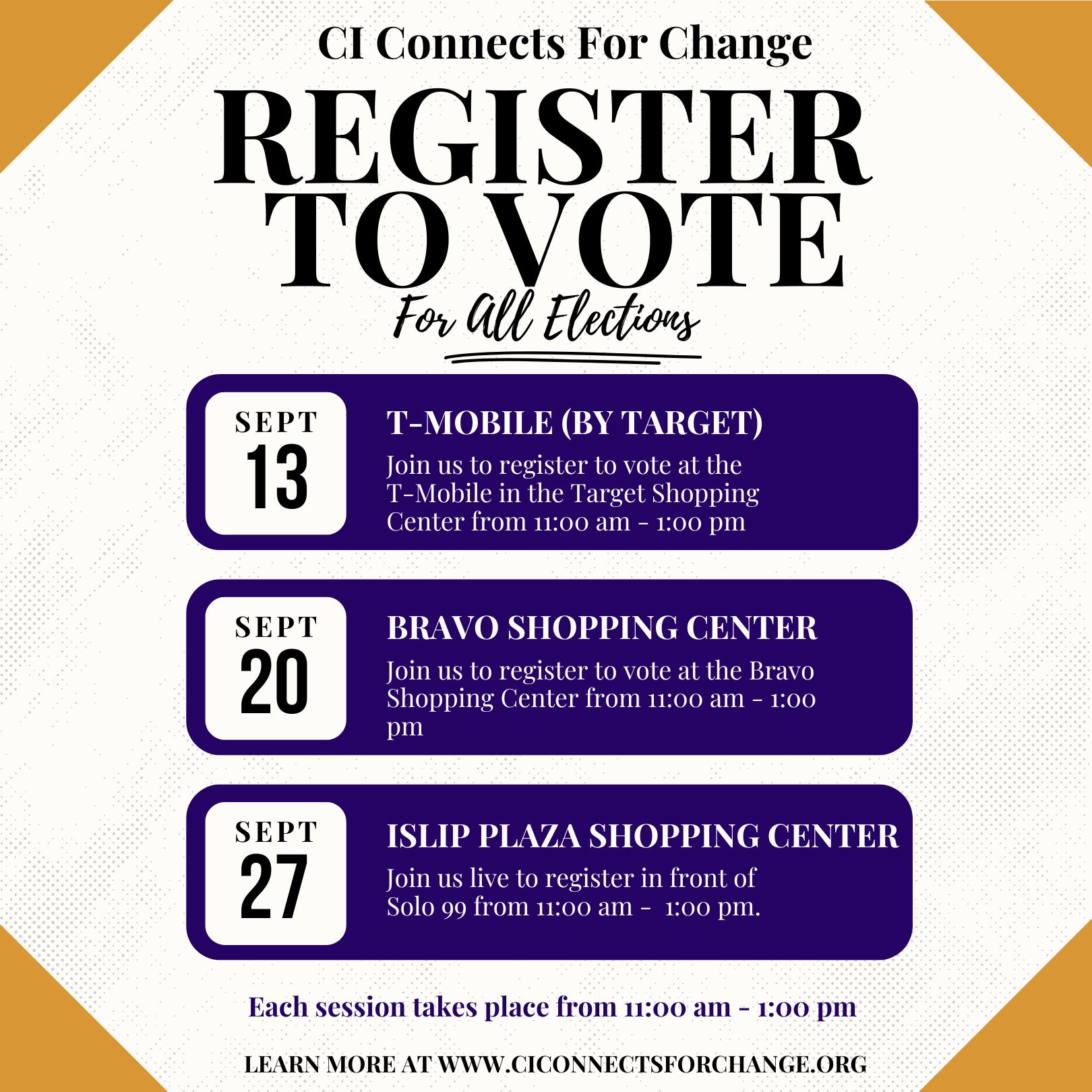 Please join us on Saturday, September 27th, to register to vote, update your voter registration information, discover your polling location and more!
-
Tanpri vin jwenn nou samdi 27 septanm nan pou enskri pou vote, mete enfòmasyon enskripsyon votè w yo ajou, dekouvri biwo vòt ou a ak plis ankò!
-
¡Únase a nosotros el sábado 27 de septiembre para registrarse para votar, actualizar su información de registro de votante, descubrir su lugar de votación y más!