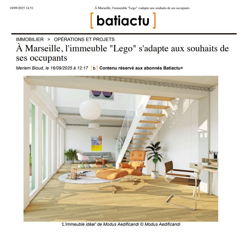 📣 "Un immeuble Lego au cœur de Marseille"
📰 Batiactu consacre un article à L’Immeuble Idéal, notre projet innovant !
👉 Un concept singulier qui permet aux habitants de composer et transformer leur logement dans le temps : simplex, duplex ou triplex, agencement personnalisé, espaces partagés choisis collectivement…
Avec son chantier hors-site et son approche d’open building, l’Immeuble Idéal s’inscrit dans une nouvelle génération d’habitat : flexible, durable et accessible.
💬 « Ce n’est pas une innovation de rupture, mais un réseau d’éléments existants mis en cohérence pour réinventer la manière d’habiter. »
À lire sur Batiactu : https://www.batiactu.com/edito/a-marseille-immeuble-lego-s-adapte-aux-souhaits-ses-72315.php
#RevueDePresse #Batiactu #MeriemBioud #LImmeubleIdéal #VilleDurable #HabitatÉvolutif #Marseille #BRS #ArchitectureUrbaine