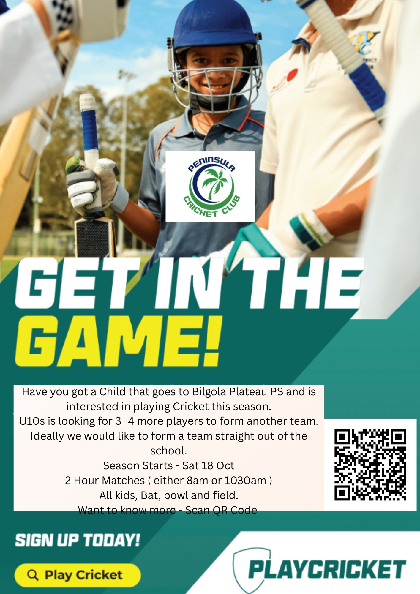 Calling all Kids who go to school at Bilgola Plateau .
Are you in Year 3 and U10s years of age.
Thinking of playing Cricket this season.
Peninsula Cricket Club is looking to form a team straight out of the school.
FREE Uniform on registration
Team Kit provided with Bats, Pads, helmets, gloves etc so no expense to parents.
Just register, be part of the team for training .
Games played Sat morning - either 8am or 1030am ( most games played in the Peninsula area ).
Want more information - contact the club ( www.peninsulacricketclub.com.au ) or REGISTER Today at - https://www.playhq.com/cricket-australia/register/6ce74b