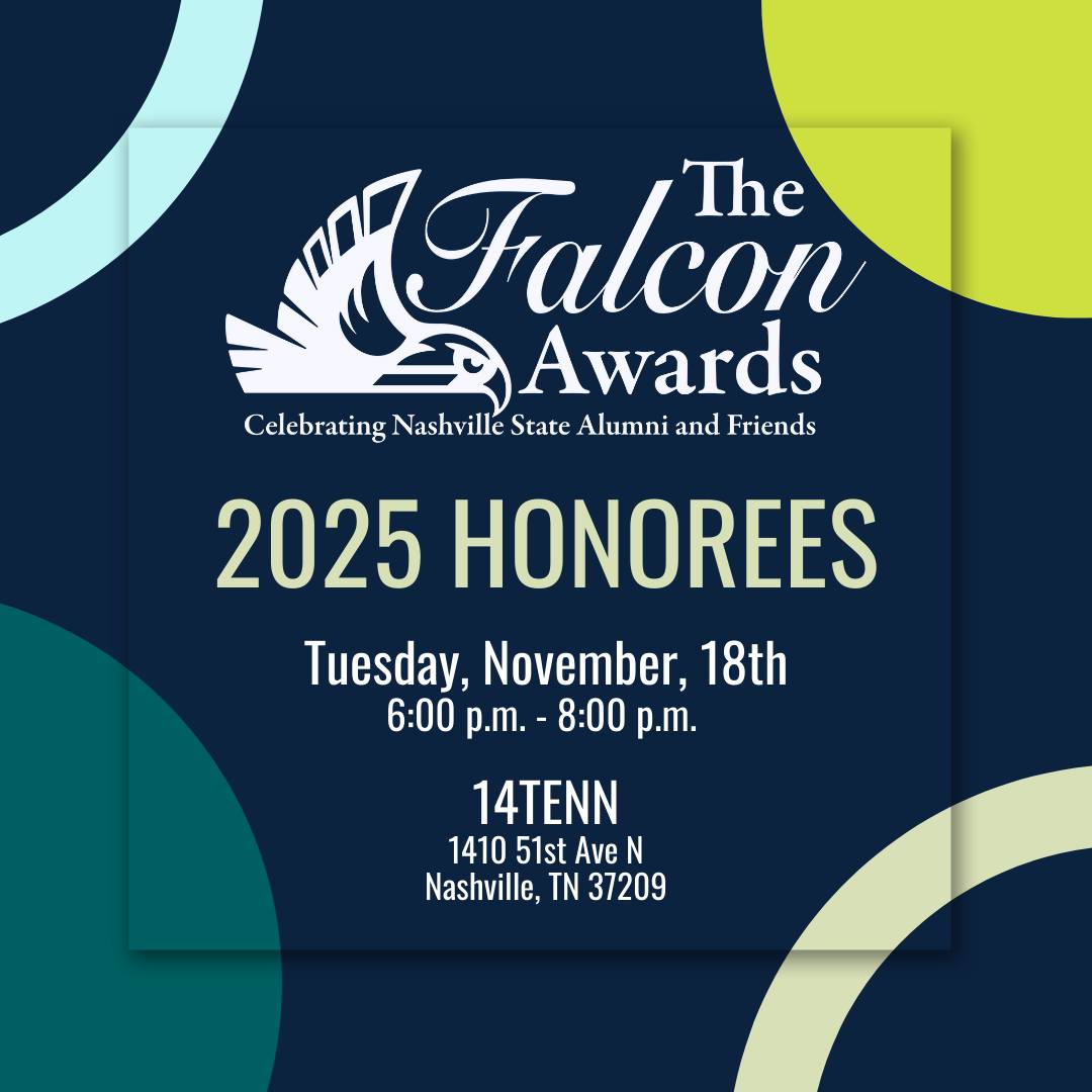 The Falcon Awards are back, and we canāt wait to celebrate this yearās honorees! These amazing individuals are making a real impact in our community and we are looking forward to honoring them in style!
Save the date: Tuesday, November 18th | 6:00ā8:00 p.m.
Location: 14TENN
Grab your tickets today - link in bio. We hope to see you there!
#NSCCFoundation #NashvilleState #FalconAwards