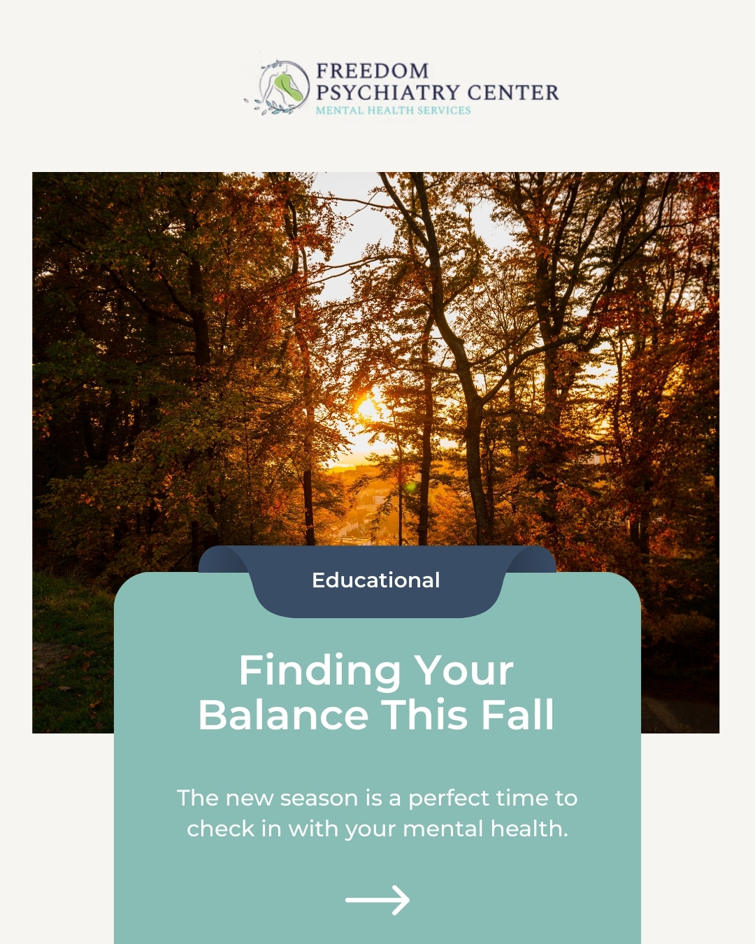 Happy First Day of Fall! 🍂 The autumn equinox is all about balance. Just as day and night are equal, it's a reminder to seek balance in our own lives. This season, prioritize your mental well-being by embracing change and seeking support when you need it. Our dedicated team is here to guide you toward a healthier tomorrow. Visit our website to schedule your free consultation.
#FallEquinox #MentalWellness #ArizonaMentalHealth #FreedomPsychiatry #FindYourBalance #DepressionSupport #AnxietyRelief #PhoenixAZ