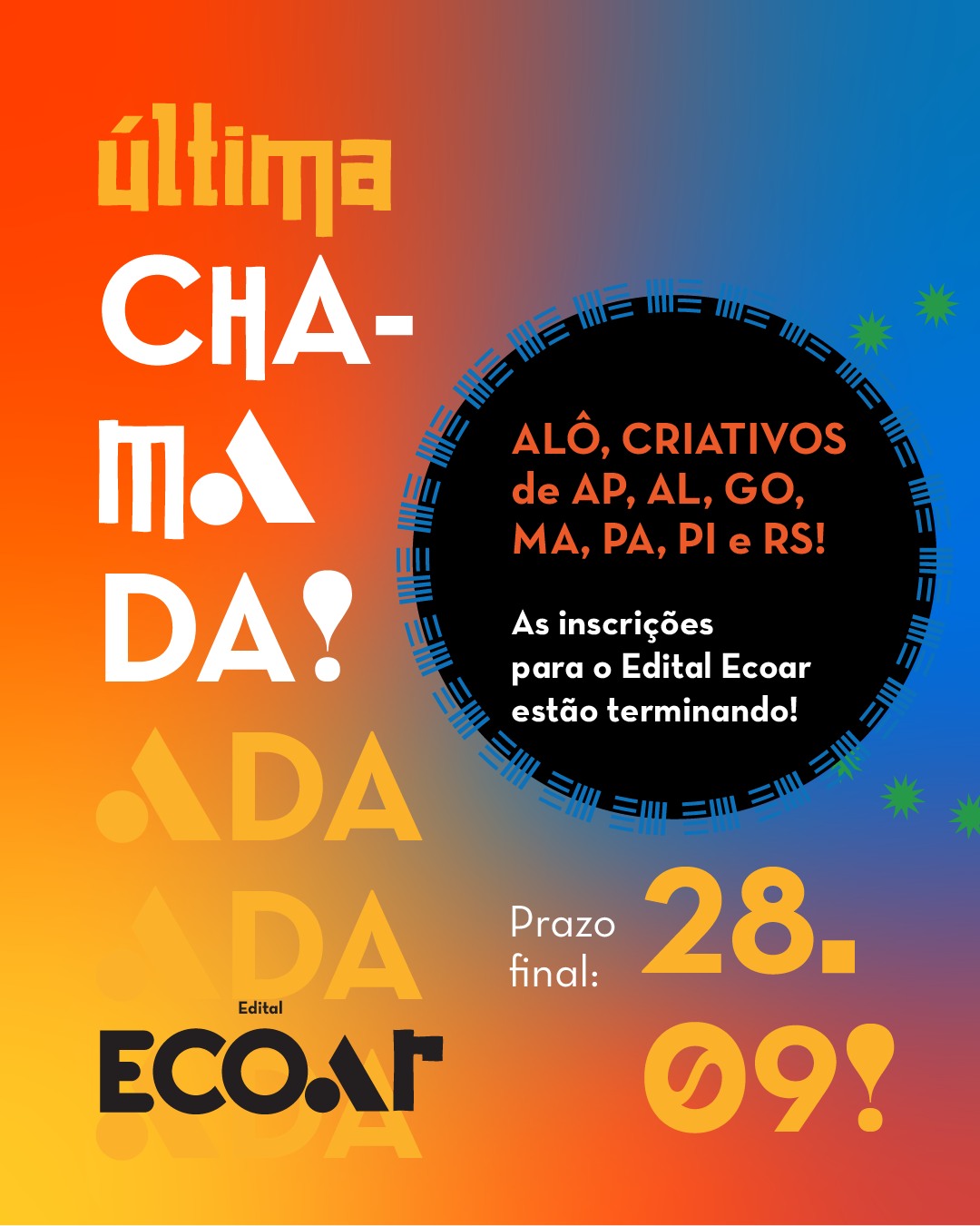 Você gostaria de melhorar as chances dos seus projetos em editais públicos e privados?
Então inscreva-se no Edital Ecoar!
O programa vai selecionar moradores do Rio Grande do Sul, e de outros seis estados, para formação e experiências práticas para o desenvolvimento de projetos criativos que valorizem a cultura local.
A proposta é que os participantes ampliem suas habilidades para estruturar ideias, definir objetivos, elaborar orçamentos e construir narrativas de impacto, com sensibilidade social e capacidade de mobilizar parcerias.
As inscrições são gratuitas pelo site coliga.digital
Essa é a última semana. Corra para se inscrever!
#BienaldoMercosul #EditalEcoar #ProjetosCriativos #Cultura