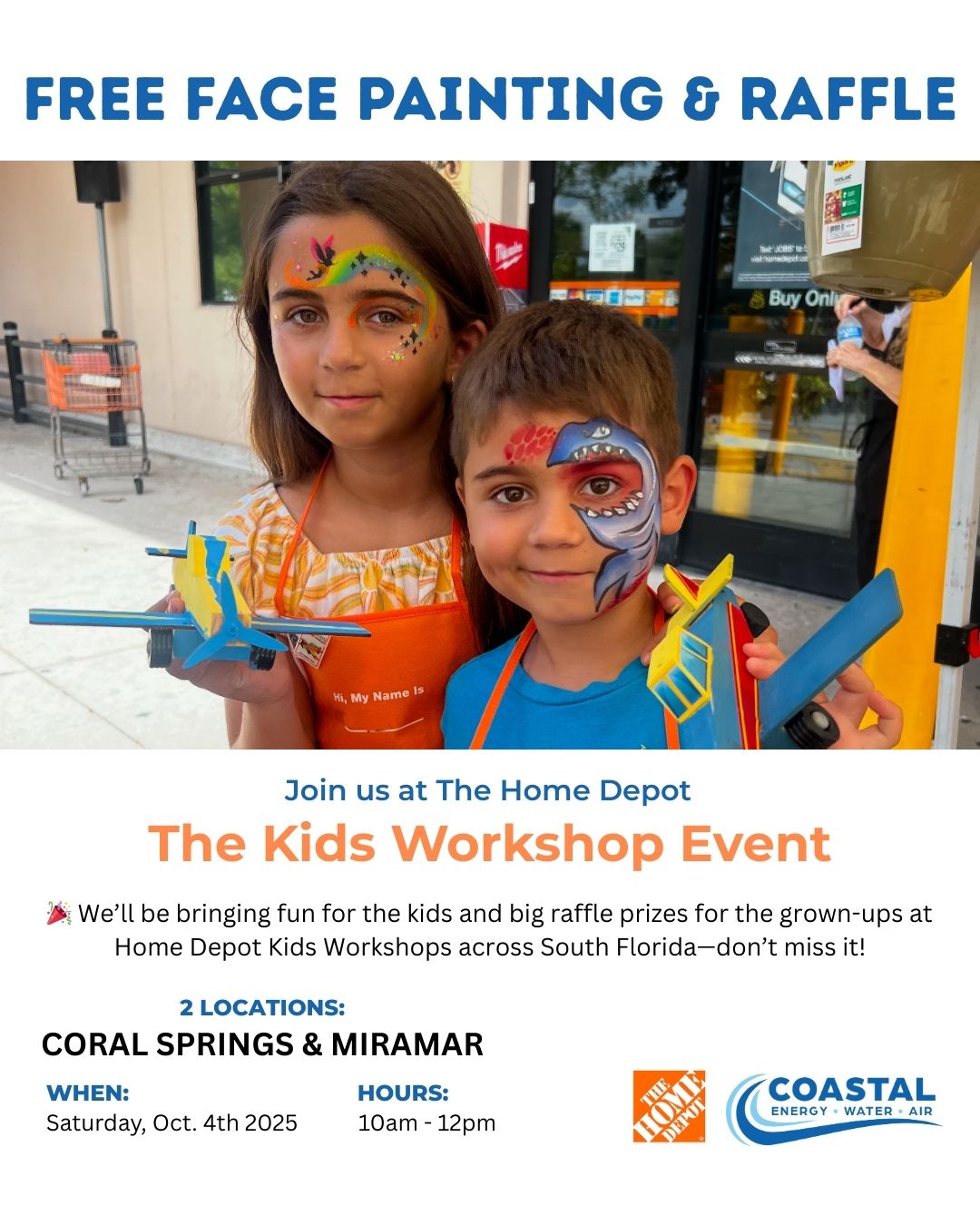 🎉 Exciting news! This Saturday, October 4th, Coastal Energy Water & Air will be at TWO Home Depot Kids Workshop locations—Coral Springs & Miramar! 🎨
👧👦 Bring the kids for FREE face painting while parents sign up for our raffle to WIN:
✨ A brand-new Washer & Dryer OR
✨ A RainSoft Ultrefiner Elite RO System 💧
📍 Locations:
🏠 Coral Springs Home Depot – 750 N University Drive
🏠 Miramar Home Depot – 3183 SW 160th Avenue
🕙 Time: 10 AM – 12 PM
Don’t miss this family-friendly day of fun, giveaways, and your chance to win one of our amazing prizes! 🙌
#coastalewa #RainSoft #HomeDepot #FamilyFun #FreeEvent #WaterYouCanTrust #HealthyHome #KidsWorkshop #SouthFloridaEvents @caritashelenspa