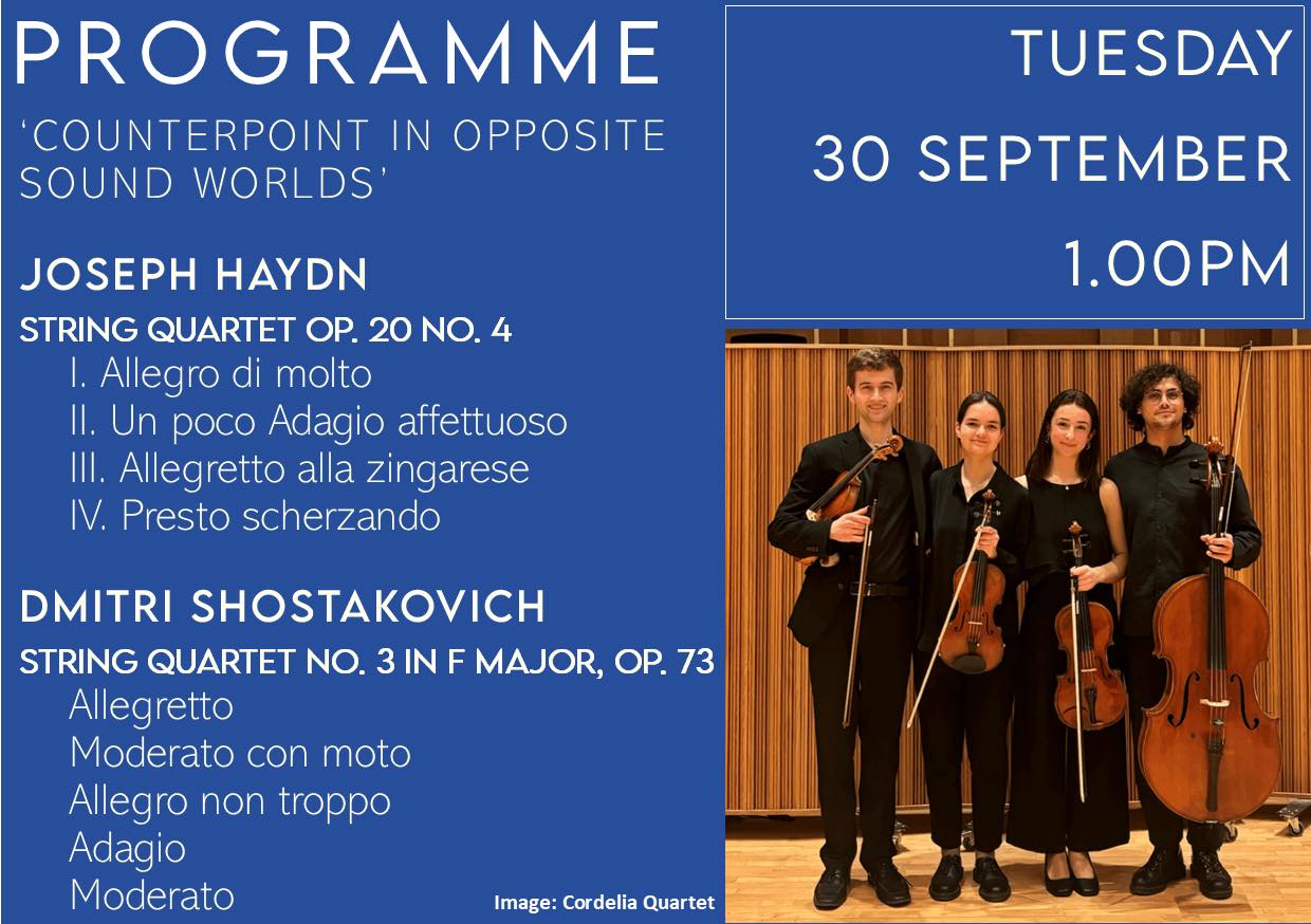 St Paul’s Church are delighted to be welcoming the Cordelia Quartet to Bedford on Tuesday 30th September for the next in our recital series of lunchtime concerts which begins at 1.00pm.
Passionate about connecting with audience members from all backgrounds, the Cordelia Quartet has established itself as a versatile ensemble capable of performing repertoire from a diverse array of periods and genres.
The group comprises postgraduate and undergraduate students from the Royal College of Music who hail from four different countries in North America, Europe, and the Middle East. Since making its concert debut at the Royal College of Music Museum in February of 2025, the group has gone on to perform at many venues with a full calendar of upcoming engagements a testament to their success.
You can see details of this and other musical events taking place via our new church website:
www.stpaulschurchbedford.org.uk/concerts
These recitals are free to enter with a suggested retiring donation of £5.00 which helps to support musicians expenses and brings valuable income to St Paul’s Church.
St Paul’s Concert Team
(Registered Charity Number 1134614)