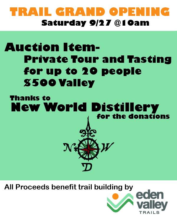 🥂 Exciting new auction item! Our friends at @newworlddistillery have generously donated a private tour and tasting for up to 20 people — a $500 value!
Check our bio for a link to the auction
Located in Eden, New World is known for their world-class craft spirits, stunning setting, and dedication to sustainable distilling. This is your chance to bring your friends for an exclusive behind-the-scenes look at how their award-winning gin, vodka, and agave spirits are made — and taste them, too!
👉 Don’t miss this one-of-a-kind experience in the heart of Ogden Valley. Bid now and support Eden Valley Trails!