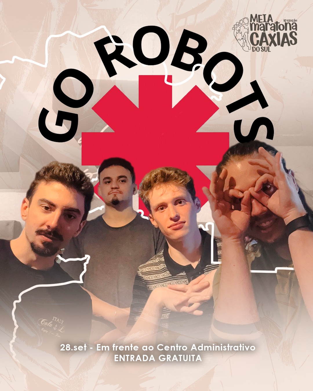 O rock vai tomar conta da Meia Maratona de Caxias do Sul!
A primeira atração no palco será a banda @gorobots_rhcp, que chega para agitar a galera logo após as corridas.
🗓 Datas: 28 de setembro
🕖 Horário: 8h
📍 Local: em frente ao Centro Administrativo - Rua Alfredo Chaves, 1333 - Bairro Exposição
Eles serão a trilha sonora perfeita para a festa da premiação.
#GoRobots #MeiaMaratonaCaxias #Rock #CorridaDeRua #CaxiasDoSul #AtraçãoMusical