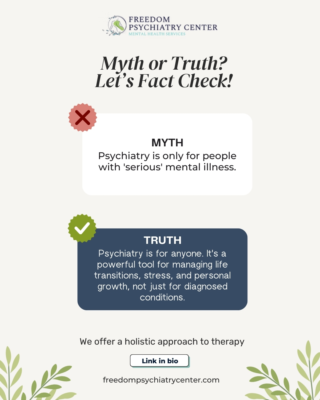 Let's clear up a common misconception about mental health care. Psychiatry isn't just for crises; it's a proactive way to build resilience, understand yourself better, and navigate life's challenges. At Freedom Psychiatry, our doors are open to everyone who needs support. Don't wait for a storm to build a stronger foundation. Learn more about our services at the link in our bio.
#MentalHealthMyths #PsychiatryIsForEveryone #EndTheStigma #FreedomPsychiatry #ArizonaPsychiatrist #MentalHealthSupport #SelfCare #Psychiatry