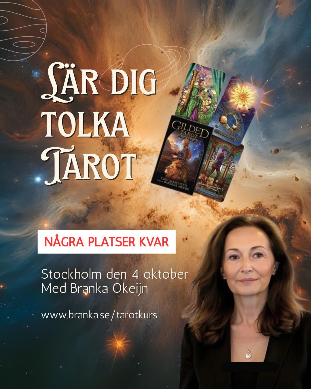 Hösten är här och en perfekt tid att krypa in och utforska Tarots magiska värld. Tarot ett fantastiskt verktyg för personlig utveckling och vägledning och kanske ett av de mest träffsäkra metoderna för självkännedom och framtidsanalys. Tidigare kurstillfällen har blivit fullbokade så vänta inte för länge med din anmälan om du vill vara säker på att komma med.
Workshopen passar dig som vill lära dig mer om hur du med hjälp av Tarot kan få insikter och vägledning i olika livsfrågor. För att få ut mesta möjliga av workshopen är det bra att du har de mest grundläggande kunskaperna om Tarotsystemet men det är inget krav. Efter en introduktion till tarotsystemet kommer tyngdpunkten att ligga på praktiska övningar där du kan hitta ditt eget personliga förhållningssätt och förbättra förtroendet för din egen intuition.
En del av kursinnehållet:
✨ Etik - vad du behöver tänka på - förhållningssätt
✨ Stora Arkanan och "Narrens" resa igenom livet
✨ Lilla Arkanan och elementen
✨ De klädda korten i korthet
✨ Två och två - olika typer av läggningar
Datum: 4 oktober
Plats: Luntmakargatan 52, Stockholm
Tid: 10-17
Kursens pris är 995sek exkl. kortlek
Läs mer på www.branka.se/tarotkurs
Kompendium ingår. Du får också möjlighet att köpa den kortlek jag använder till inköpspris.