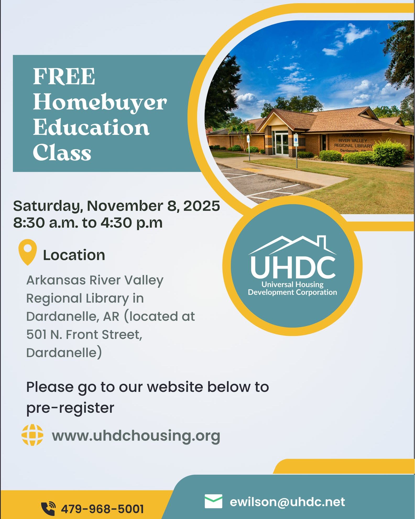 📢 Free Homebuyer Class in Dardanelle! 🏡
Thinking about buying a home? Join us for a FREE Homebuyer Education Class on Friday, November 8 at the Dardanelle Library.
✔️ Learn the steps to becoming a homeowner
✔️ Get tips on budgeting, credit, and mortgages
✔️ Ask questions & prepare for the process
👉 Pre-register today at uhdchousing.org