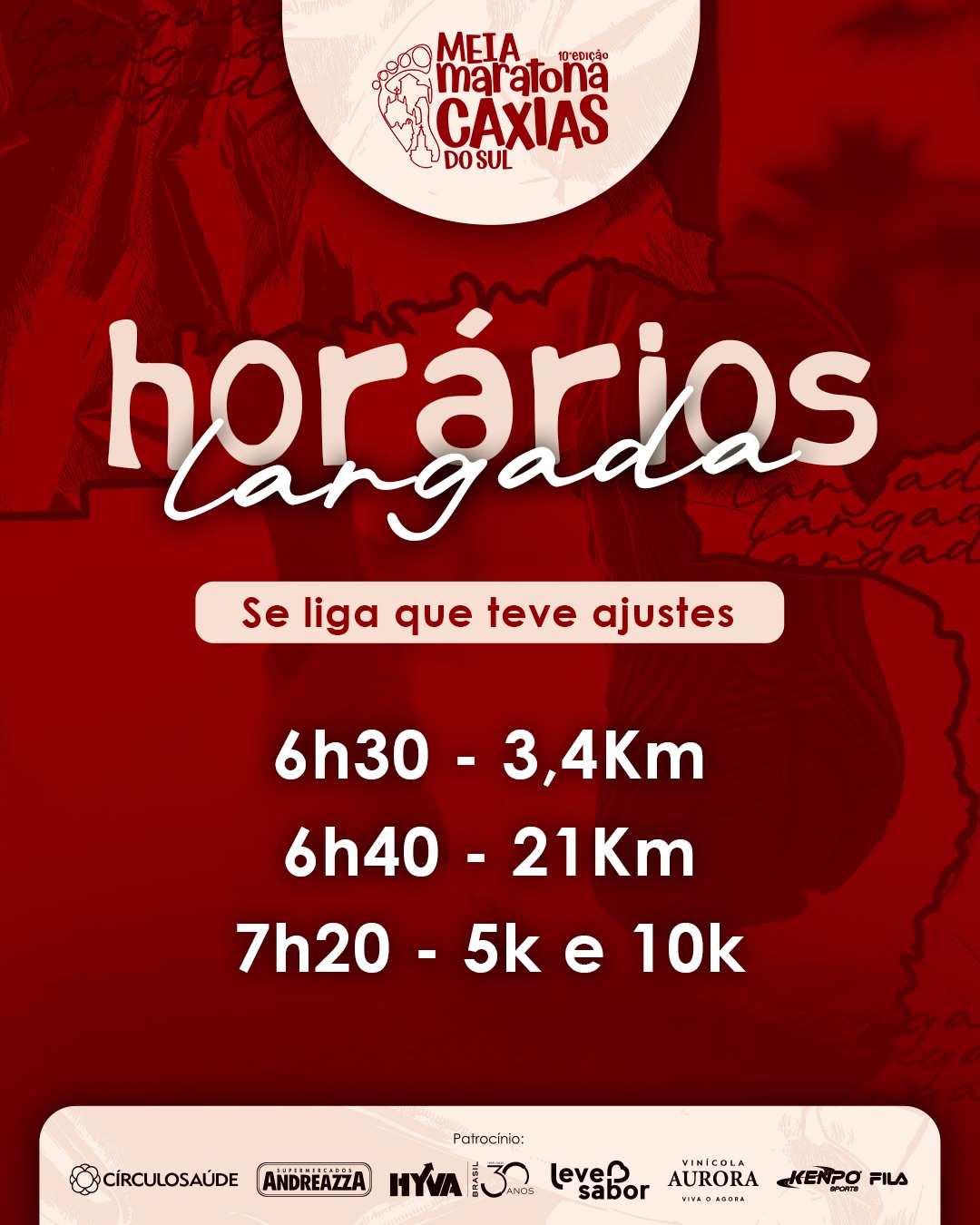 Tudo pronto para a largada!
Confira os horários atualizados para o dia 28 de setembro, ao lado da Prefeitura:
6h30: Largada dos Atletas Cadeirantes - 3,4km
6h40: Largada da Meia Maratona - 21km
7h20: Largada dos 5km e 10km
Prepare-se para fazer história na 10ª edição!
#MeiaMaratonaCaxias #Largada #CorridaDeRua #CaxiasDoSul #21km #5km #10km #RunnersBrasil