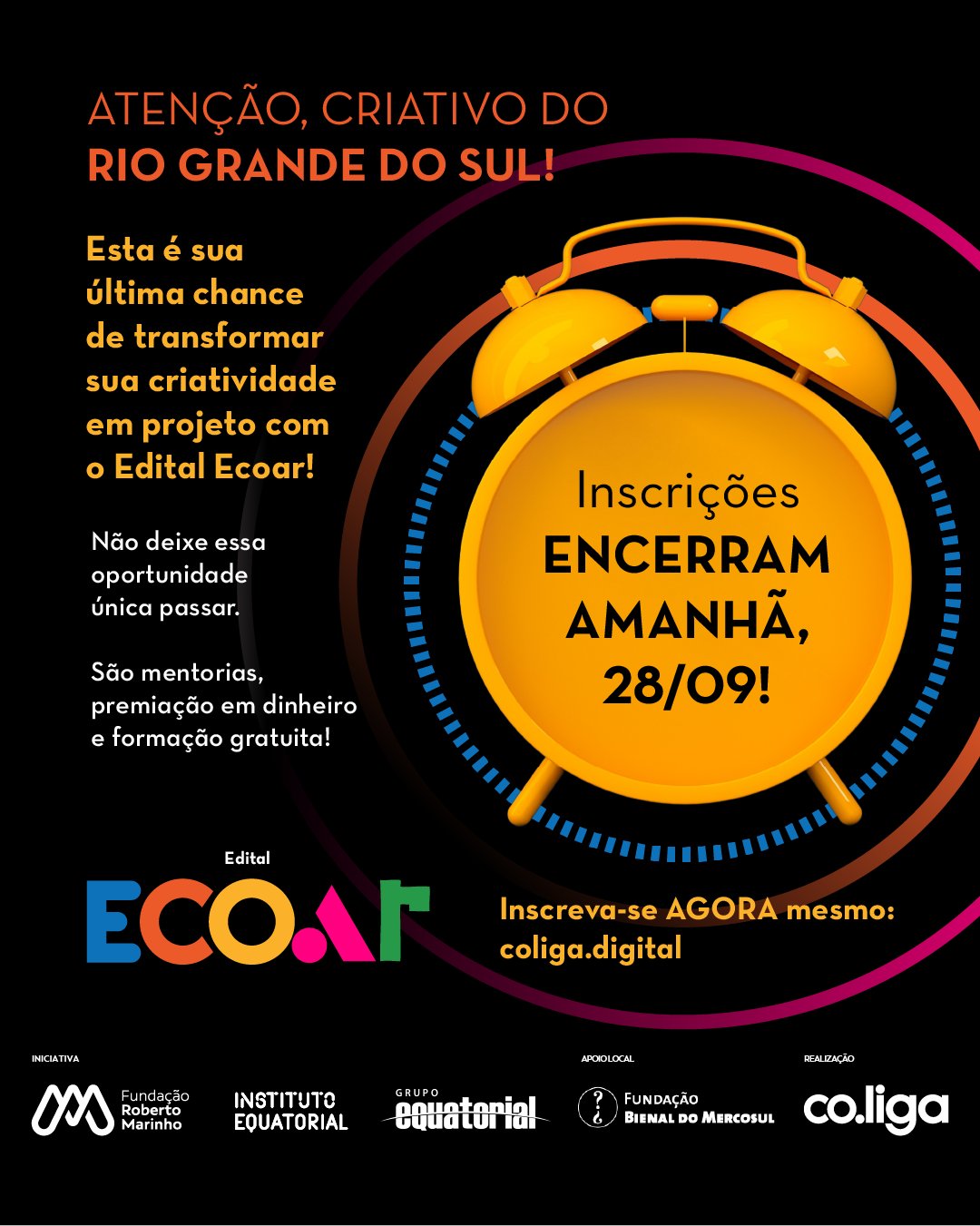 A sua criatividade pode virar projeto com o Edital Ecoar!
O edital oferece formação gratuita com cursos, mentorias e até bolsa auxílio de R$ 300 no segundo ciclo. E tem mais: os melhores projetos ganham premiação em dinheiro! 💰
Não é necessário experiência prévia nem projeto pronto na inscrição. Tudo é desenvolvido durante o processo!
Inscreva-se agora mesmo em coliga.digital
#BienaldoMercosul #EditalEcoar #ProjetosCriativos #Cultura