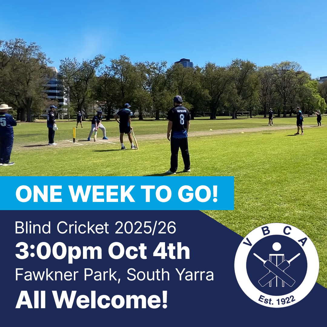 One week to go until we get our Blind Cricket season underway at Fawkner Park on Saturday 4th October 3:00pm to 6:00pm.
There is heaps of cricket planned for this season, with plenty of opportunities for blind cricketers of all abilities.
You'll find links in our profile above for:
📆 Season schedule
🏏 Registration
🖥️ VBCA website
Image Description:
Top half of the square image shows a game of blind cricket being played on a sunny day at Fawkner Park in Melbourne. Bottom half of the image has a dark blue background and the VBCA logo to the right. There is white wording on a light blue box that says “One week to go!”
Text line 2: “Blind Cricket 2025/26”
Text line 3: “3:00pm Oct 4th”
Text line 4: “Fawkner Park, South Yarra”
Text line 5: “All Welcome!”
@cityofmelbourne @cricketvictoria
#blindcricket #disabilitysport #inclusion #inclusivesport #sport4all
