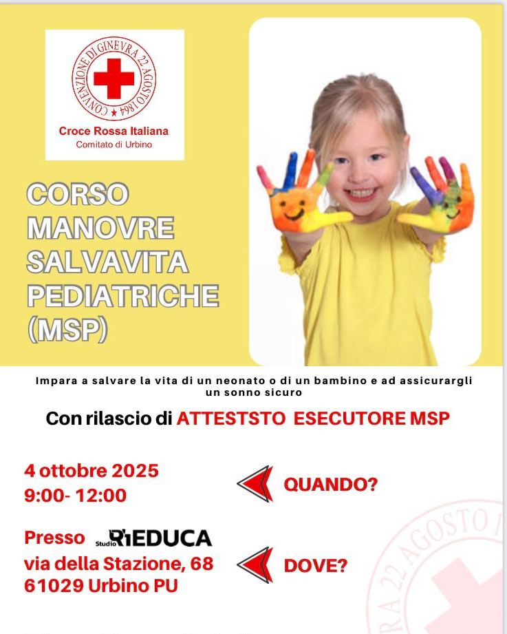 โจ Corso di Manovre Salvavita Pediatriche โจ
๐
4 ottobre 2025
โ 9.00 - 12.00
๐ Studio RiEDUCA โ Urbino
Sai cosa fare in caso di ostruzione delle vie aeree o altre emergenze pediatriche?
Un piccolo gesto puรฒ fare la differenza tra la paura e la salvezza. ๐
Con il corso della @giovani_cri_urbino imparerai in modo pratico e semplice le principali manovre salvavita dedicate ai bambini e ai lattanti.
๐ถ๐ป๐ง๐ป Per genitori, nonni, insegnanti, babysitter e chiunque voglia sentirsi pronto ad affrontare situazioni critiche.
โ
Posti limitati โ รจ necessaria la prenotazione!
๐ Info & iscrizioni: 3928746297
#StudioRiEDUCA #Urbino #ManovreSalvavita #SicurezzaBambini #PrimoSoccorsoPediatrico