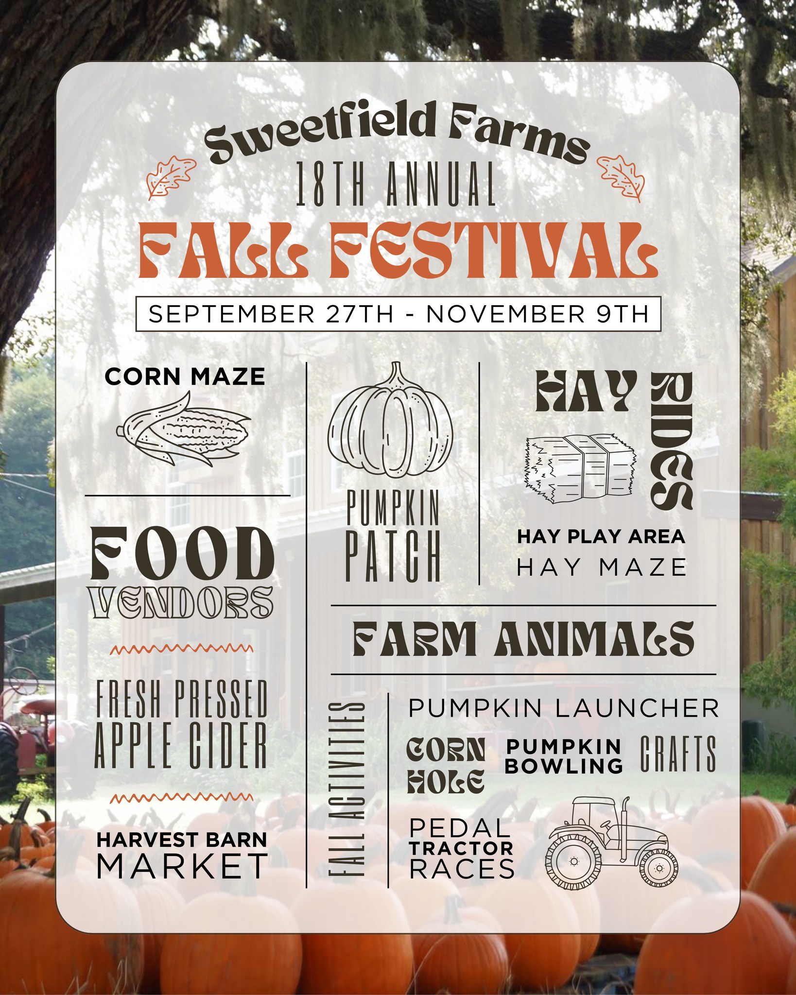 ๐๐ ITโS HERE! ๐๐
The wait is over โ Sweetfields Farmโs 18th Annual Fall Festival kicks off THIS SATURDAY and runs through November 9th! โจ
Bring the whole family and make unforgettable memories with:
๐ฝ Two Corn Mazes
๐ Pumpkin Patch
๐ Farm Animals
๐ Hayrides & Pedal Tractor Races
๐ฏ Pumpkin Launcher, Pumpkin Bowling & Cornhole
๐ Fresh Pressed Apple Cider
๐ Harvest Barn Market + Food Vendors
โฆand so much more!
โจ Tickets sell out fast โ donโt wait! โจ
๐ Get yours now with the link in our bio!
๐
Mark your calendars, tag your fall crew, and letโs make this season the best one yet! ๐โจ