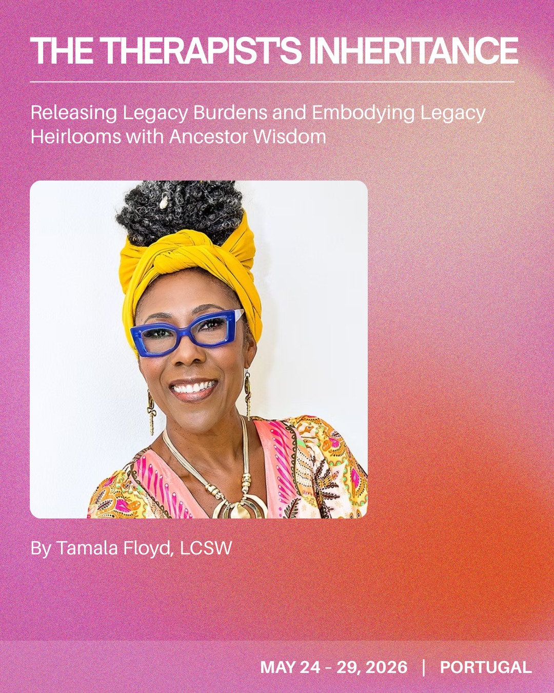 Step into a sacred space of healing and discovery.
✨ The Therapist's Inheritance Retreat with Tamala Floyd, LCSW invites IFS-trained therapists and practitioners to release legacy burdens and embrace ancestral gifts.
📅 May 24 – 29, 2026
📍 Portugal
💫 Connect with the parts of you carrying generational stories, deepen your own healing, and return more resourced to support your clients.
📩 Register now – spaces are limited!
#IFS #TherapistsRetreat #HealingJourney #LegacyHealing #GenerationalTrauma #AncestralWisdom #TherapistLife #InnerHealing #IFSModel #PartsWork #TherapistsOfInstagram #PortugalRetreat #IFSCommunity #LegacyWork #TherapyRetreat #HealingSpace #SelfLeadership #InnerParts #TherapistsSupport #TamalaFloyd