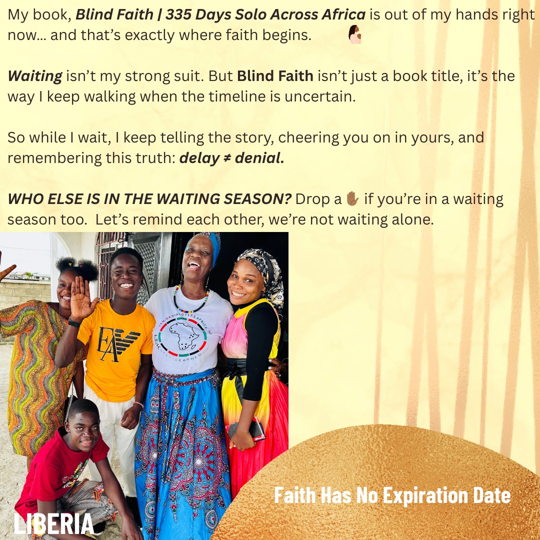 Blind Faith | 335 Days Solo Across Africa is not yet published, but faith says it will be.
And while I wait, I keep telling the story and that’s exactly where faith begins. ✋🏾
Waiting isn’t my strong suit. (Truth? I’d rather drag a 50lb suitcase through an airport in heels 😂).
But Blind Faith isn’t just a book title, it’s the way I keep walking when the timeline is uncertain.
So while I wait, I keep telling the story, cheering you on in yours, and remembering this truth: delay ≠ denial.
👉 What’s one word you’re holding onto in your own waiting season?”