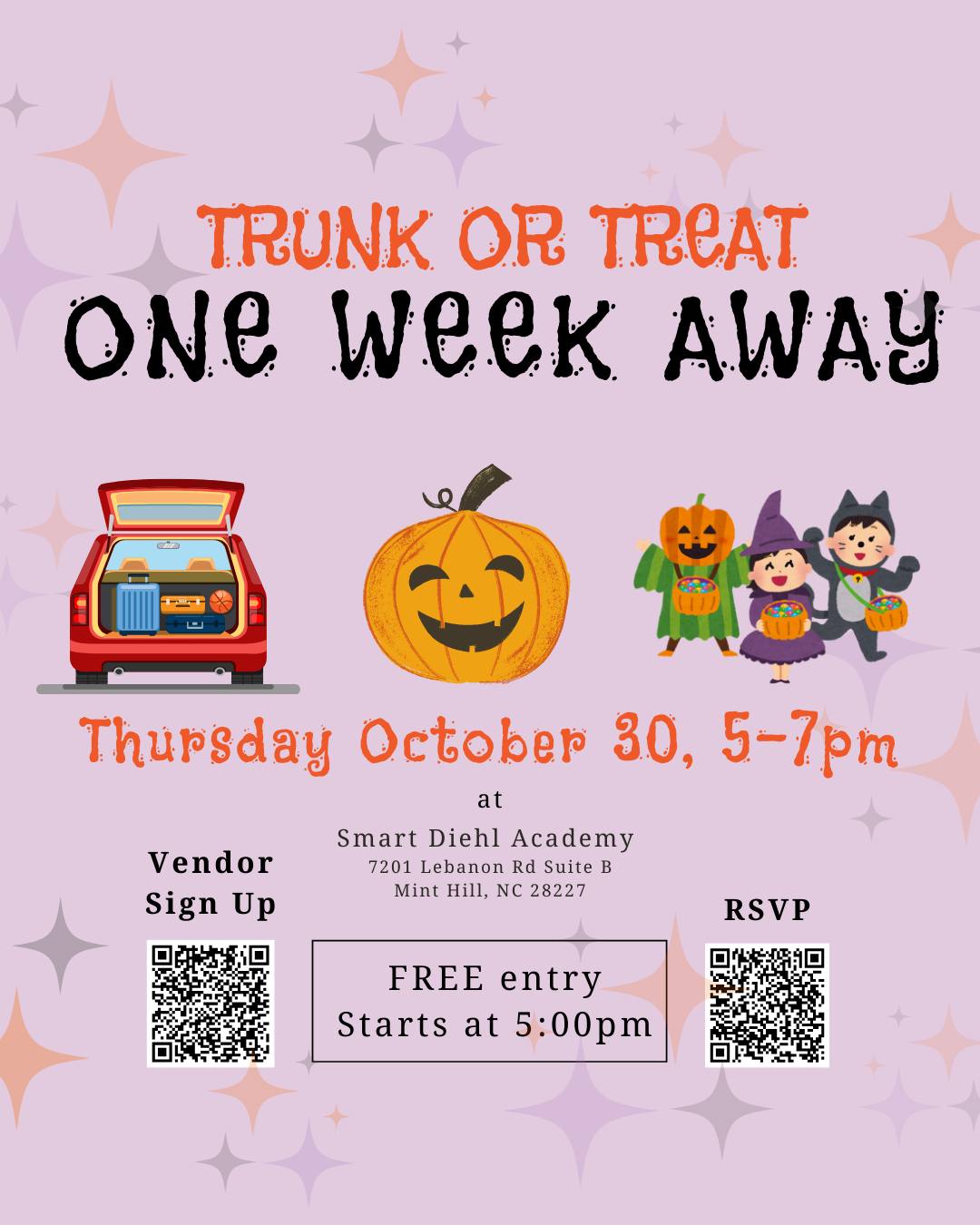🎉 ONE WEEK AWAY! 🍬✨
Our 3rd Annual Trunk or Treat & Coat Drive Kickoff is happening next Thursday, October 30 from 5–7 PM at Smart Diehl Academy — and you don’t want to miss it!
🚗 Decorated trunks & tons of candy
🧪 Smart Slime Co. student business
🧥 Coat drive collection station
🎃 Games, community fun, and more!
📍 7201 Lebanon Rd Suite B, Mint Hill
👻 Free event – all families welcome!
