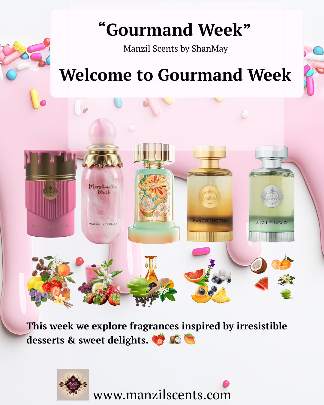 Welcome to Gourmand Week @manzilscents .
Gourmand Perfumes you will love!
Sweet, Fruity or Creamy??
#ManzilScents #GourmandPerfume #SweetScents #PerfumeOfTheDay #DessertInABottle #LuxuryPerfume #PerfumeAddict #FragranceJourney