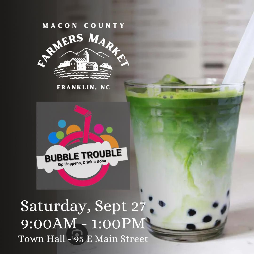 This Saturday, Bubble Trouble will be serving up authentic Boba Tea at the farmers market. With signature flavors like Coffee, Strawberry, Mango, Macha & Taro, this refreshing specialty is a must-try!🧋😎🙌
.
.
.
#farmersmarketfranklinnc #wncfarmtotable #appalachianproduce #appalachianfarm #maconcountyfarmersmarket #franklinncchamber #franklinnc #franklinncfarmersmarket #experiencefranklinnc