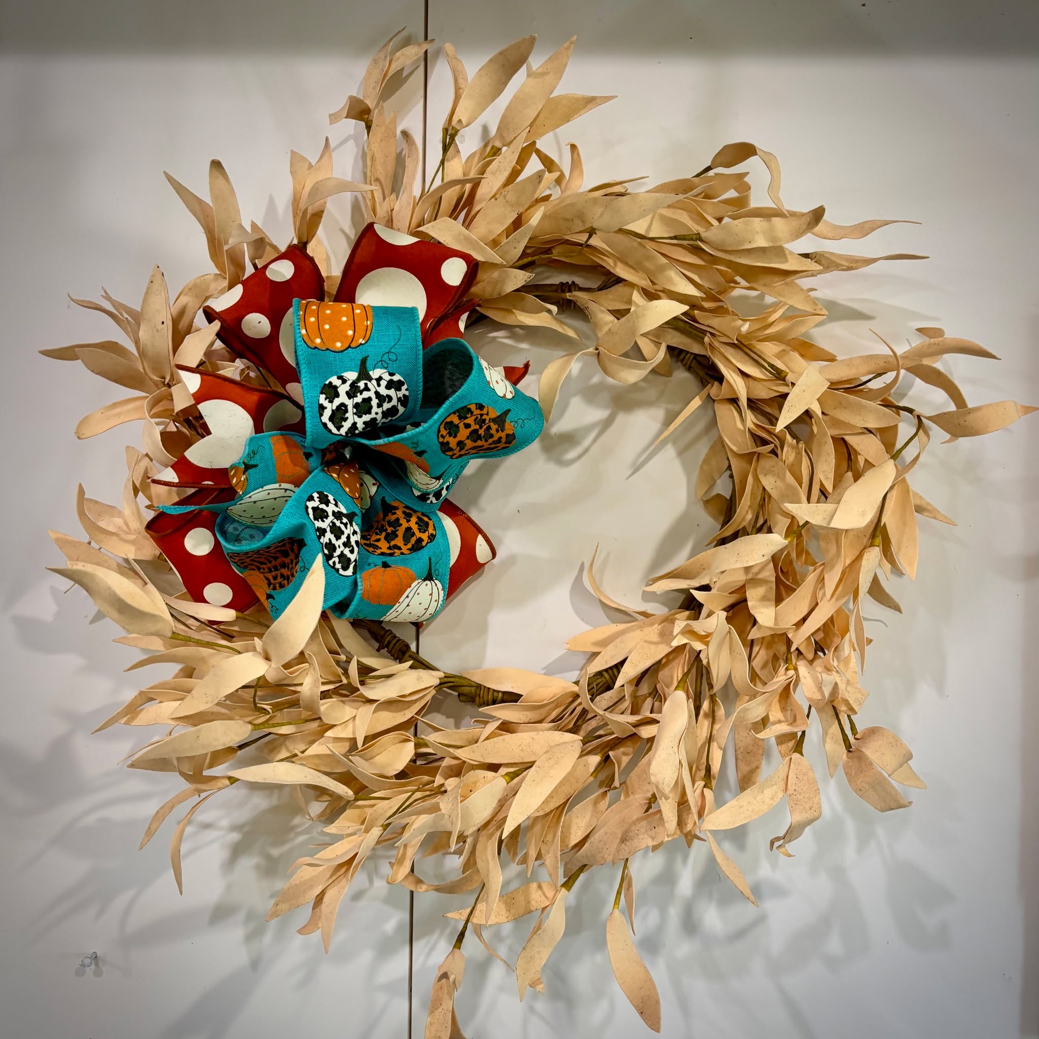 Harvest wreaths with Bell Street Studio bows. Love these! $35