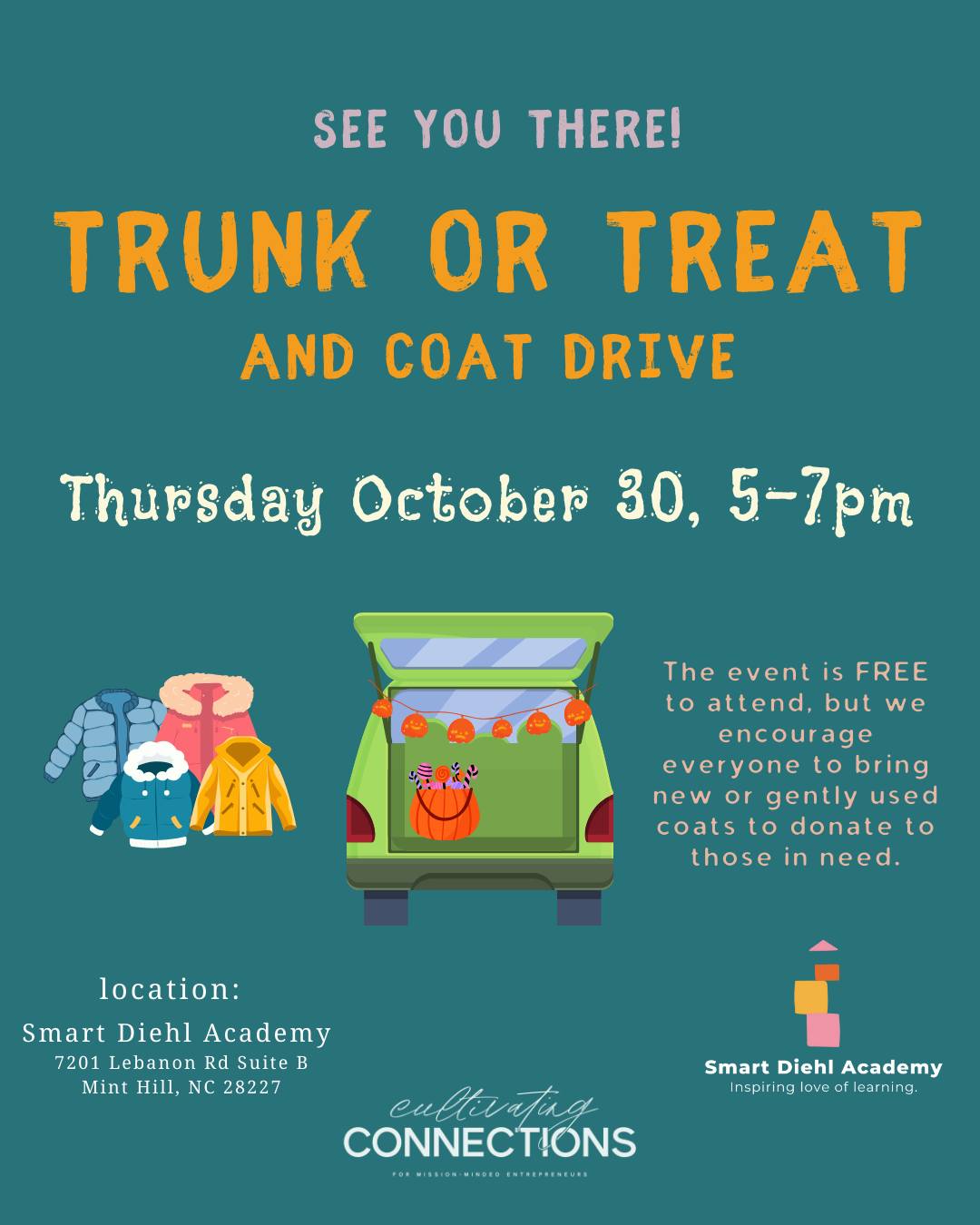 🎃 It’s almost time for one of our favorite fall traditions! Join us for Trunk or Treat on Thursday, October 30 from 5–7 PM at Smart Diehl Academy!
Come in costume, fill your bags with candy, support our fall coat drive, and shop seasonal creations from Smart Slime Co. 🧪✨
📍 7201 Lebanon Rd Suite B, Mint Hill
🎟️ Free & open to the community – see you there!