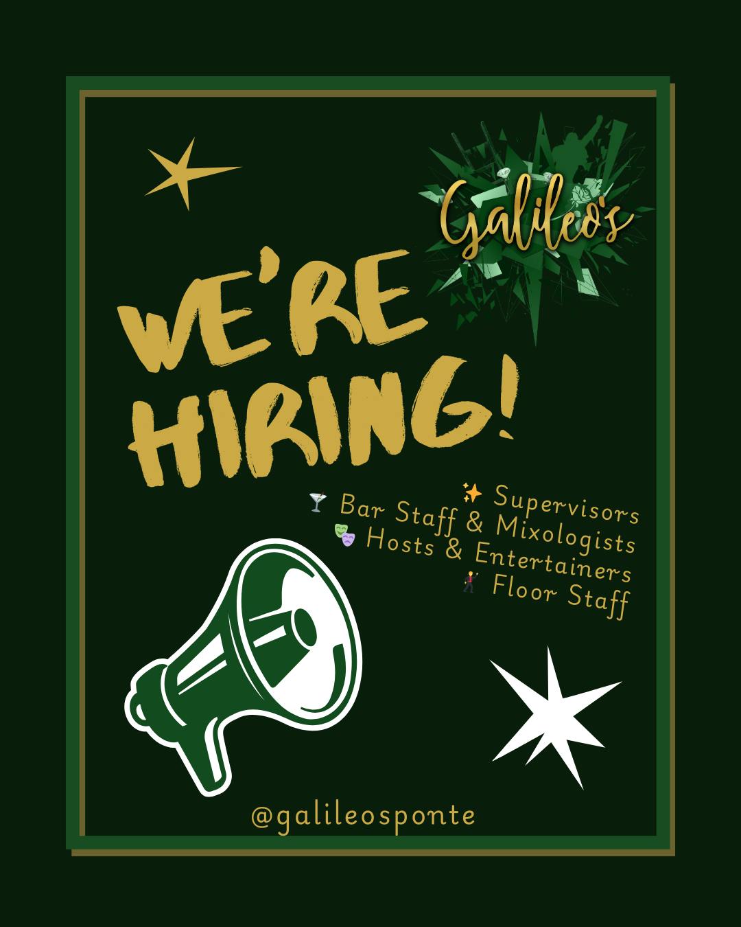 🌟 Galileo’s is hiring! 🌟
We’re not just a bar… we’re the place to be. Think vibrant nights, incredible entertainment, cocktails with flair, and an atmosphere that’s all about fun, energy, and unforgettable memories. And now — we need new crew members to help drive it forward!
We’re on the lookout for:
✨ Supervisors
🍸 Bar Staff & Mixologists
🎭 Hosts & Entertainers
🕺 Floor Staff
If you’ve got personality, passion, and the drive to make every night electric, this is your chance to shine. We want people who love the buzz of a busy floor, the thrill of great entertainment, and the art of delivering amazing experiences.
This isn’t just a job — it’s joining the heartbeat of Galileo’s. 🎶🍹
📩 Send us your CV and be part of something unforgettable. DM or email your CV to galileosshowbar@hotmail.com
#Galileos #JoinTheAdventure #HospitalityJobs #MakeMagicHappen