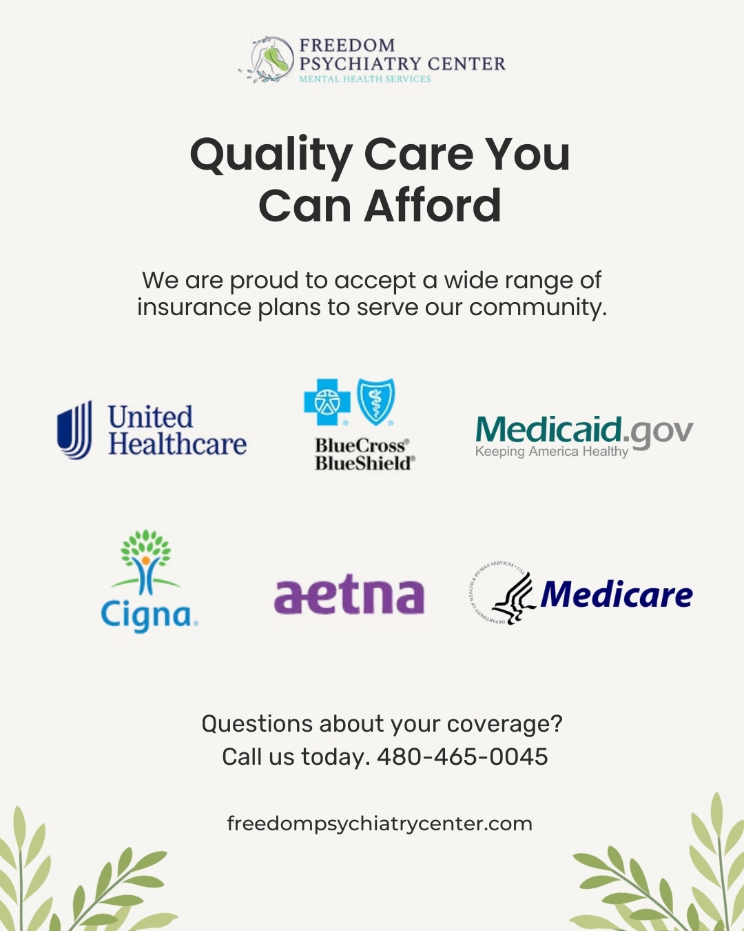 Navigating insurance can be a barrier to getting the help you need. We want to make it easier. Freedom Psychiatry Center accepts many major insurance plans to ensure our services are accessible and affordable. If you have questions about your coverage, our team is here to assist. Your path to a balanced mind starts here.