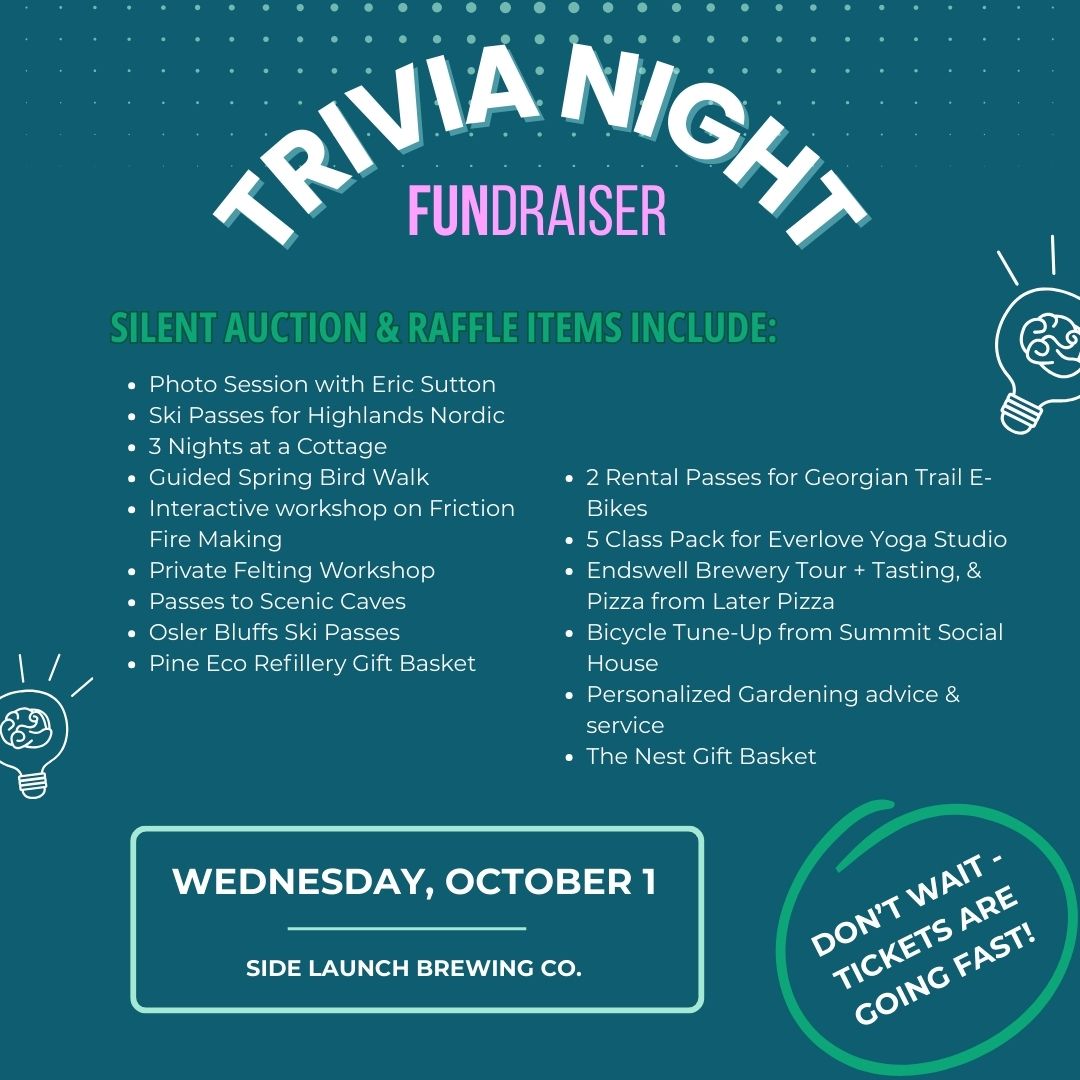 Alongside brain-busting questions, we’ve got some incredible auction and raffle prizes up for grabs. There’s something for everyone! Don’t miss your chance to win while supporting local climate action 💚🌍. Tickets are going fast, grab yours today! Tickets: https://square.link/u/INOGTDC3
#trivianight #trivianightfundraiser #localcharity #collingwood #ClimateAction @highlandsnordic @sceniccavesnatureadventures @oslerbluffskiclubofficial @shoppineboutique @georgiantrailebikes @everlovecollingwood @endswellbeer @later_pizza @summitsocialhouse @thenestcollingwood