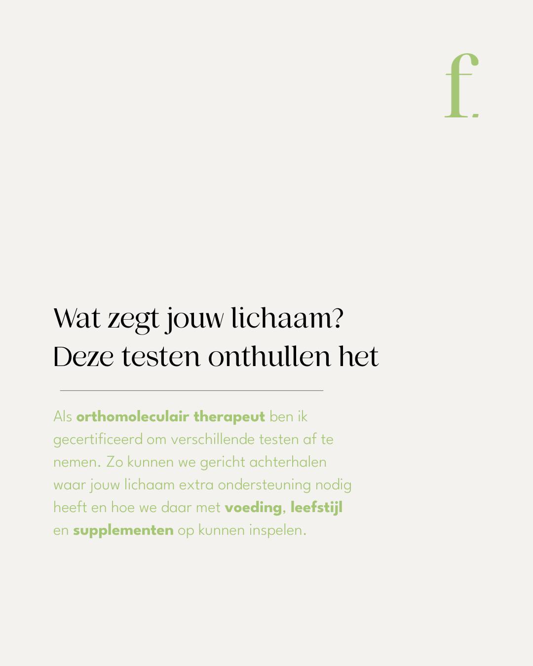 Als orthomoleculair therapeut ben ik gecertificeerd om verschillende testen af te nemen. Handig, want zo kijken we niet alleen naar klachten, maar juist naar de oorzaak. 🔎
Deze gezondheidsonderzoeken kan ik uitvoeren:
⭐ Darmmicrobioom test
Onderzoek van je ontlasting (DNA-analyse) geeft inzicht in je darmflora, spijsvertering, weerstand en opname van voedingsstoffen.
⭐ Omega 3 test
Met een simpele vingerprik meten we de balans tussen omega 3 en 6 vetzuren. Dit zegt veel over je energie, ontstekingen en algehele gezondheid.
⭐ Voedselallergie & intolerantie test (IgG)
Via een bloedtest sporen we vertraagde voedselreacties op. Zo ontdek je welke voedingsmiddelen o.a. buikpijn, vermoeidheid of huidklachten veroorzaken.
Momenteel verdiep ik me volop in hormonen. In de toekomst kan ik hier ook een gericht onderzoek op uitvoeren, daar later meer over!
Wil jij nu al één van deze testen laten uitvoeren? Of eens samen in gesprek over wat het beste bij jou past? Neem geheel vrijblijvend en contact met mij op voor een kennismakingsgesprek!
📞 06 57 26 01 98
📧 info@fitmetfleur.com
🌐 www.fitmetfleur.com