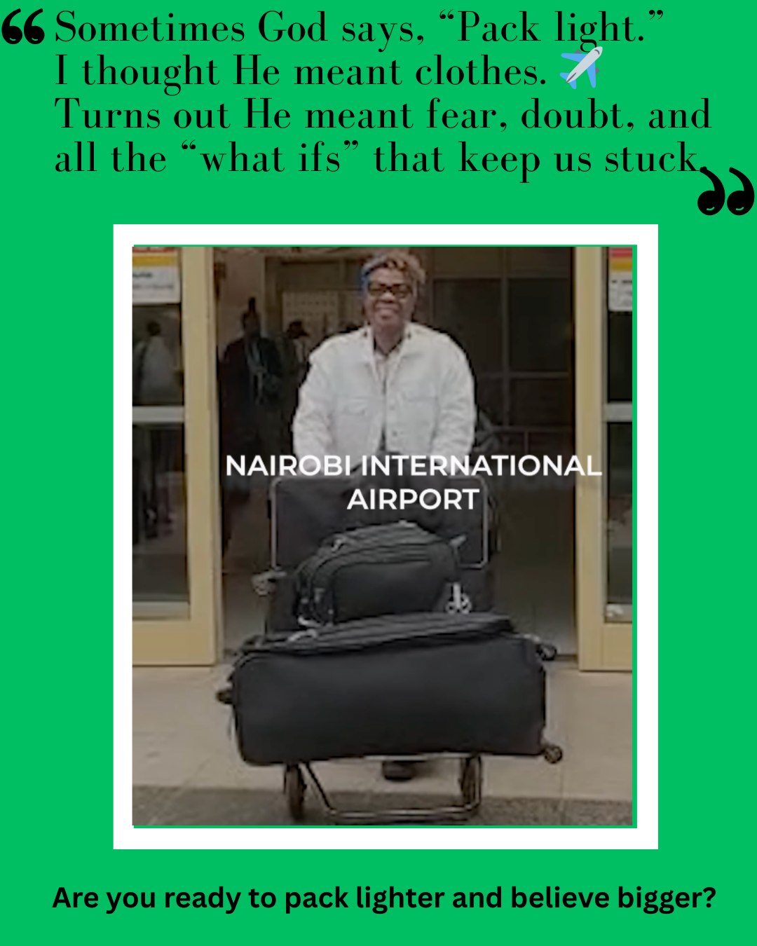 335 days. 12 African countries. Volunteering in 10! Countless moments where faith had to be bigger than my suitcase (and I don’t travel light 😂)
Unmovable faith doesn’t mean you never wobble, it means when life says, “Really? You’re going to Africa ALONE at 67?” … I whispered back, "I don’t know how, but I trust You do".
Here’s the truth: when we step out together, in faith, in humor, in surrender, we find a whole world waiting to cheer us on. 🌍💜
ARE YOU READY TO PACK LIGHTER AND BELIEVE BIGGER?
What ‘extra baggage’ do you need to leave behind? Fear, doubt, or something else? Comment so I can cheer you on.”