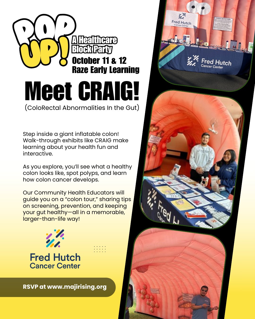 🎉Meet the team powering the block party!
Join us at Raze Early Learning & Development Center on October 11th and 12th and connect with Fred Hutch/UW Cancer Consortium Office of Community Outreach & Engagement! @enddisparities
✔Providing cancer education resources with the help of a giant interactive, walk-through exhibit of the human colon to illustrate examples of healthy colon tissue, polyps, and the progression of colon cancer.
Community Health Educators (CHEs) provide interactive colon tours to share knowledge about colorectal cancer, screening, and prevention.
About: The Office of Community Outreach and Engagement (OCOE) works to improve health outcomes and address cancer health disparities through authentic relationships, advocacy, and collaboration. This includes community-based research, resource support, and cancer prevention education informed by community-determined needs. The OCOE team works to build community partnerships across Washington State (WA).
RSVP and learn more at www.majirising.org
#MajiRising #spokanewashington #vibesandvitalsigns #community #CommunityHealth #CommunityCare #healthycommunities #heathcare #healing