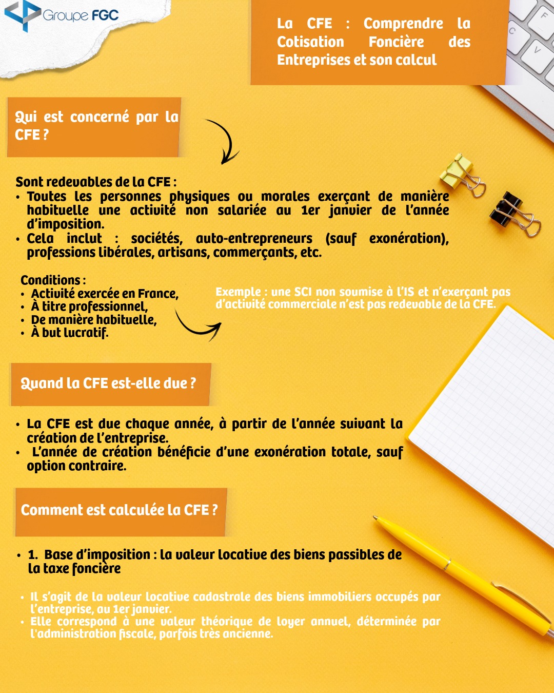 🧮 La CFE (Cotisation Foncière des Entreprises) est l’un des deux volets de la Contribution Économique Territoriale (CET), avec la CVAE (Cotisation sur la Valeur Ajoutée des Entreprises).
💸 C’est une taxe locale, due par la quasi-totalité des entreprises, qui repose sur la valeur locative des biens immobiliers utilisés pour l’activité professionnelle.
👉 On vous explique tout sur ce visuel.
#cfe #taxe #cotisation #local #toulon #comptabilite #comptable