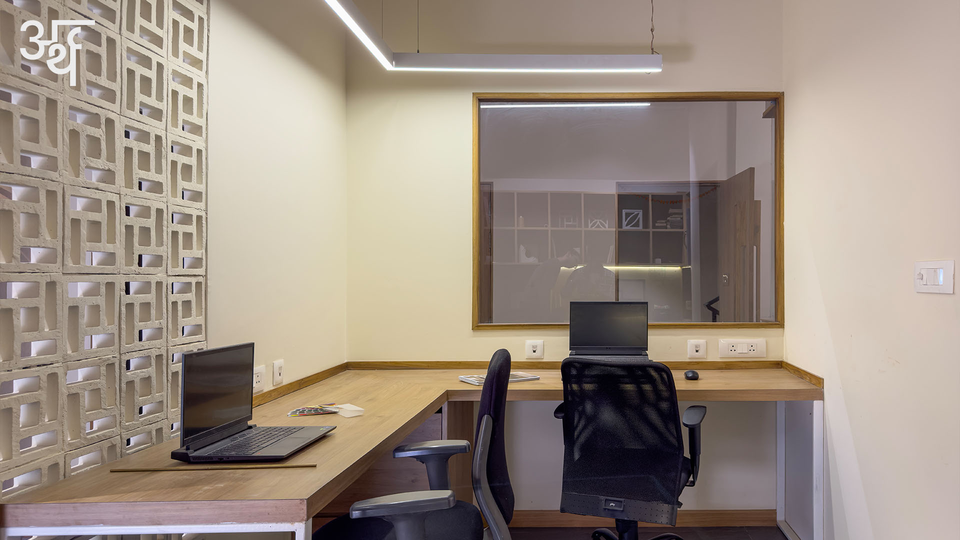 SBK Office // Arth Design
.
The workspace of Studio BluKey features a continuous oak-finish wood surface in a L-shape, which provides ample space for dual monitors and provision for future expansion, technical drawings and material palettes. It has a slender steel frame finished in matte white. The flush-mounted power outlets and data ports ensure that the workstation remains seamlessly connected. The hidden storage beneath the desk keeps peripherals out of sight yet within quick reach. A linear pendant emits even illumination over the desktop, precisely meeting the high-contrast demands of design work.
Every detail is tuned for productivity yet infused with warmth that defines Studio BluKey’s design manifesto.
.
.
Team: @jagnaniayush @utsavvagrawal
Fitout: @_studioblukey
Veneer and Laminates: @decoratives_by_centuryply
Lighting: @lafitlighting
Furniture: @_studioblukey
Text: @bj_9802
.
.
#ArthDesign #IndianDesigners #DesignStudio #SBKOffice #MadhyaPradesh #CommercialDesign #OfficeInteriors #CommercialInteriors #Interiors #InteriorDesign #InteriorDesigner #InteriorDesignIndia #FurnitureDesign #FurnitureStories #InteriorPhotoshoot #ContemporaryInteriors #ContemporaryDesign #Industrial #WoodAndMetal #DesignDetail #DesignInnovation