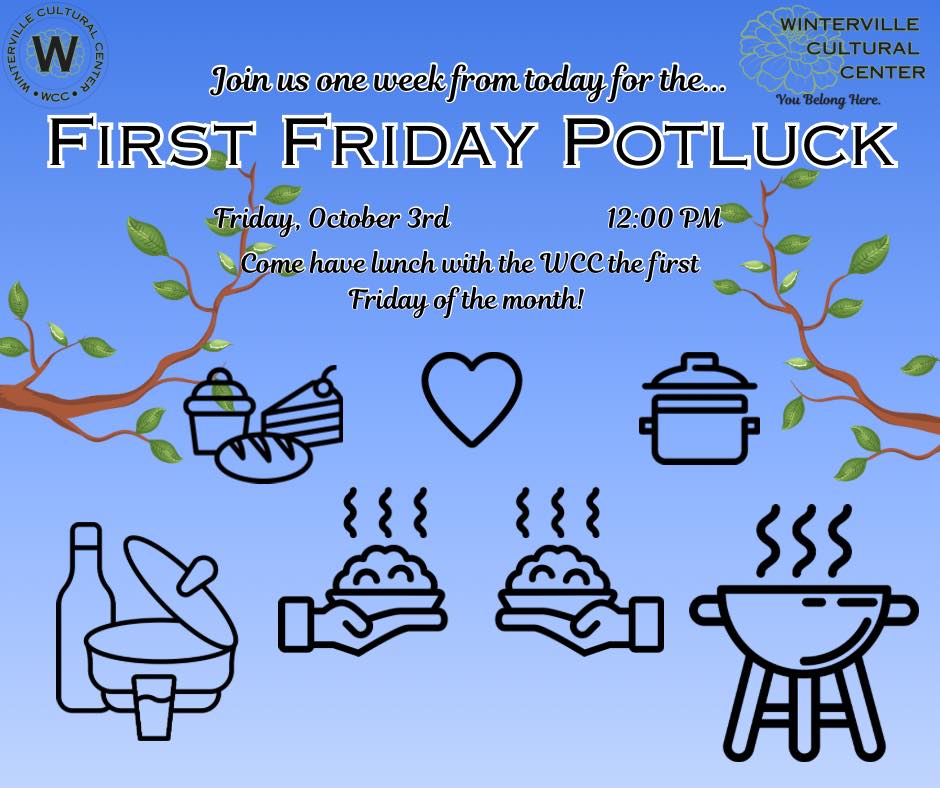Join us next Friday for the monthly First Friday Potluck, October 3rd at 12:00 PM! #winterville #wintervillega #athens #athensga #potluck #potluckparty #picnic #foryoupage